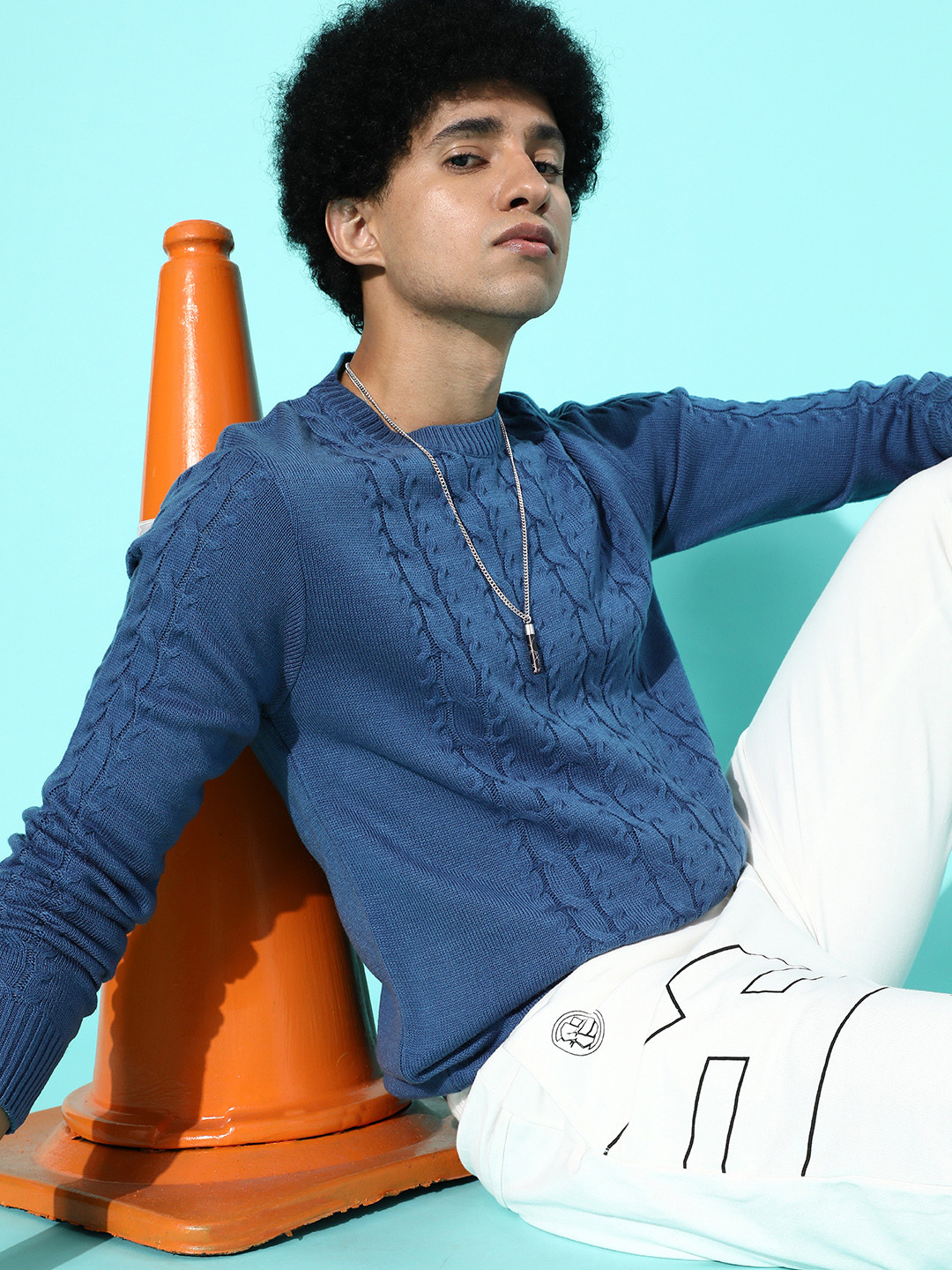 

Mast & Harbour Men Blue Cable Knit Pullover Sweaters