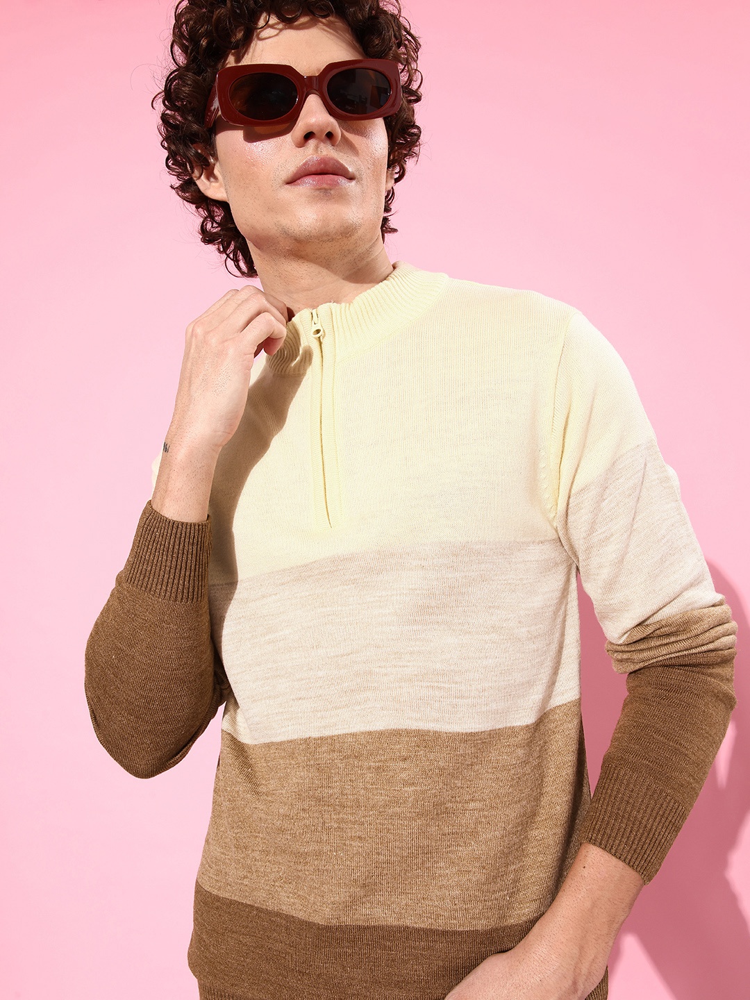 

Mast & Harbour Men Colourblocked Pullover, Beige