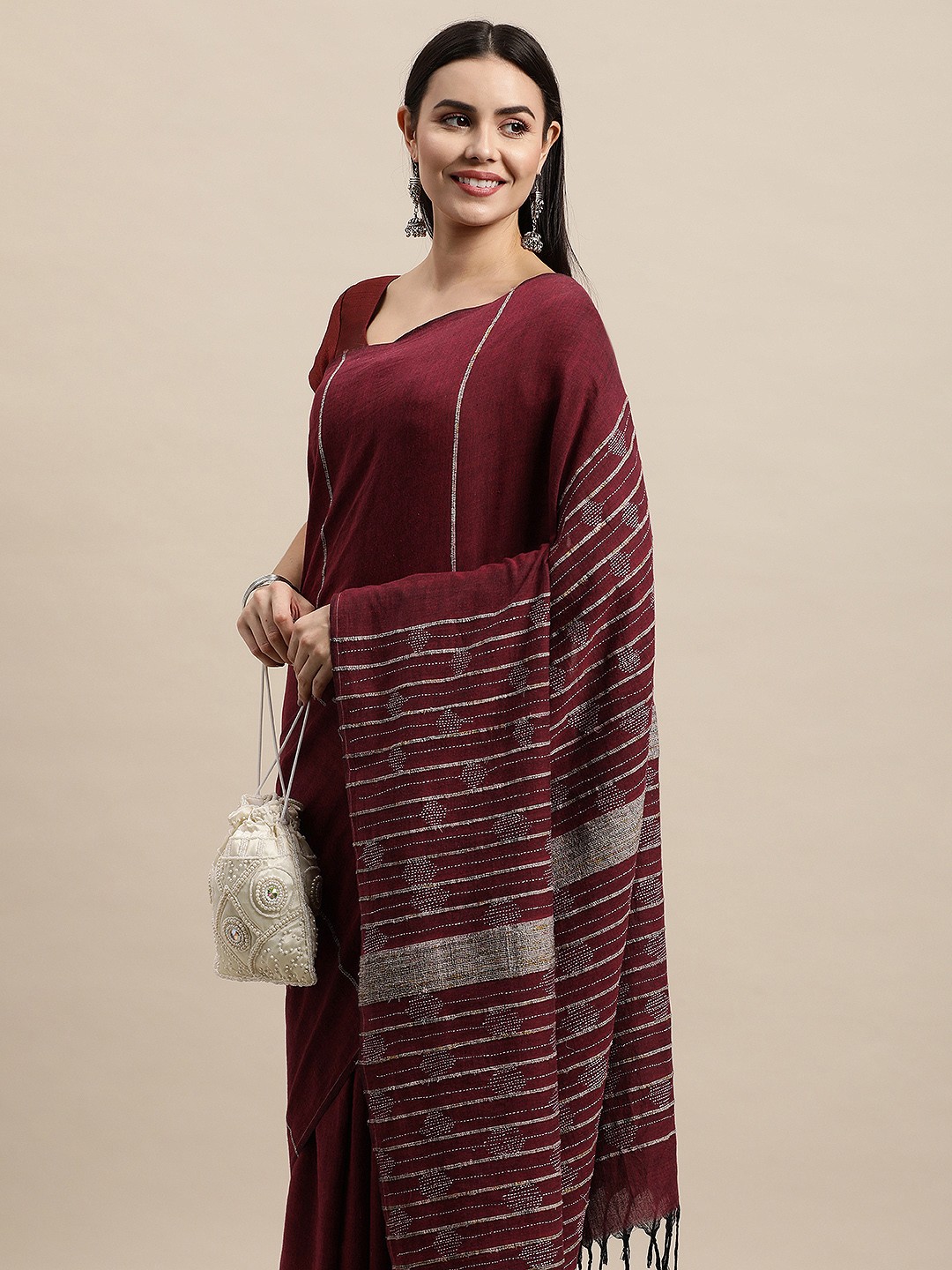 

ArtEastri Maroon & White Striped Kantha Work Pure Cotton Saree