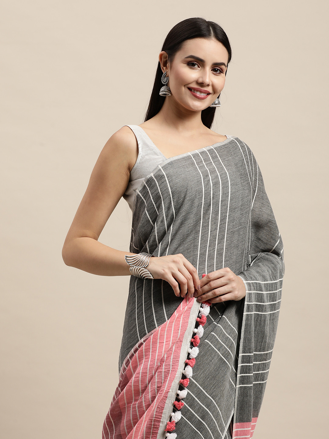 

ArtEastri Grey & Pink Striped Pure Cotton Saree