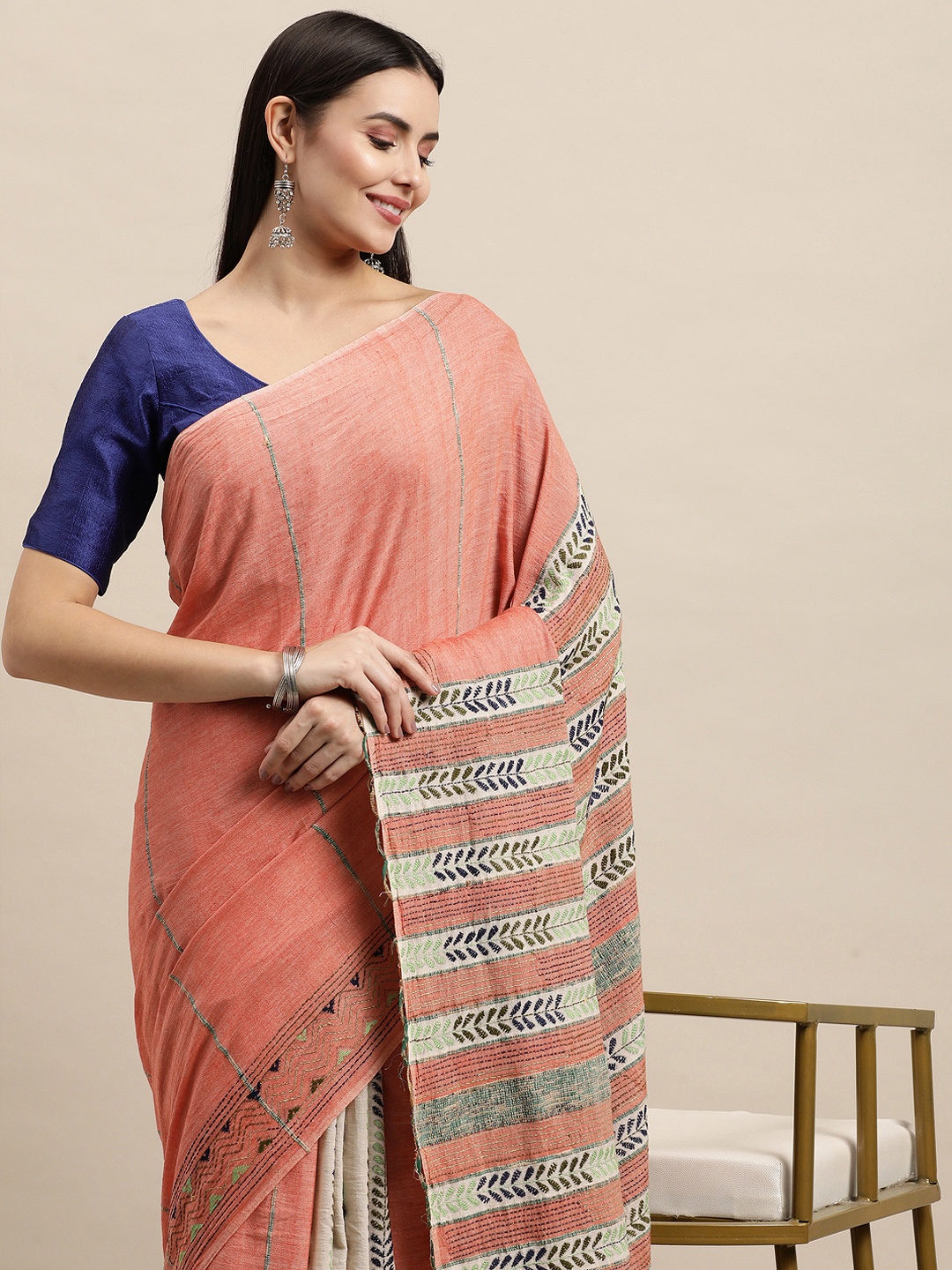 

ArtEastri Peach-Coloured & Beige Ethnic Motifs Kantha Work Pure Cotton Saree