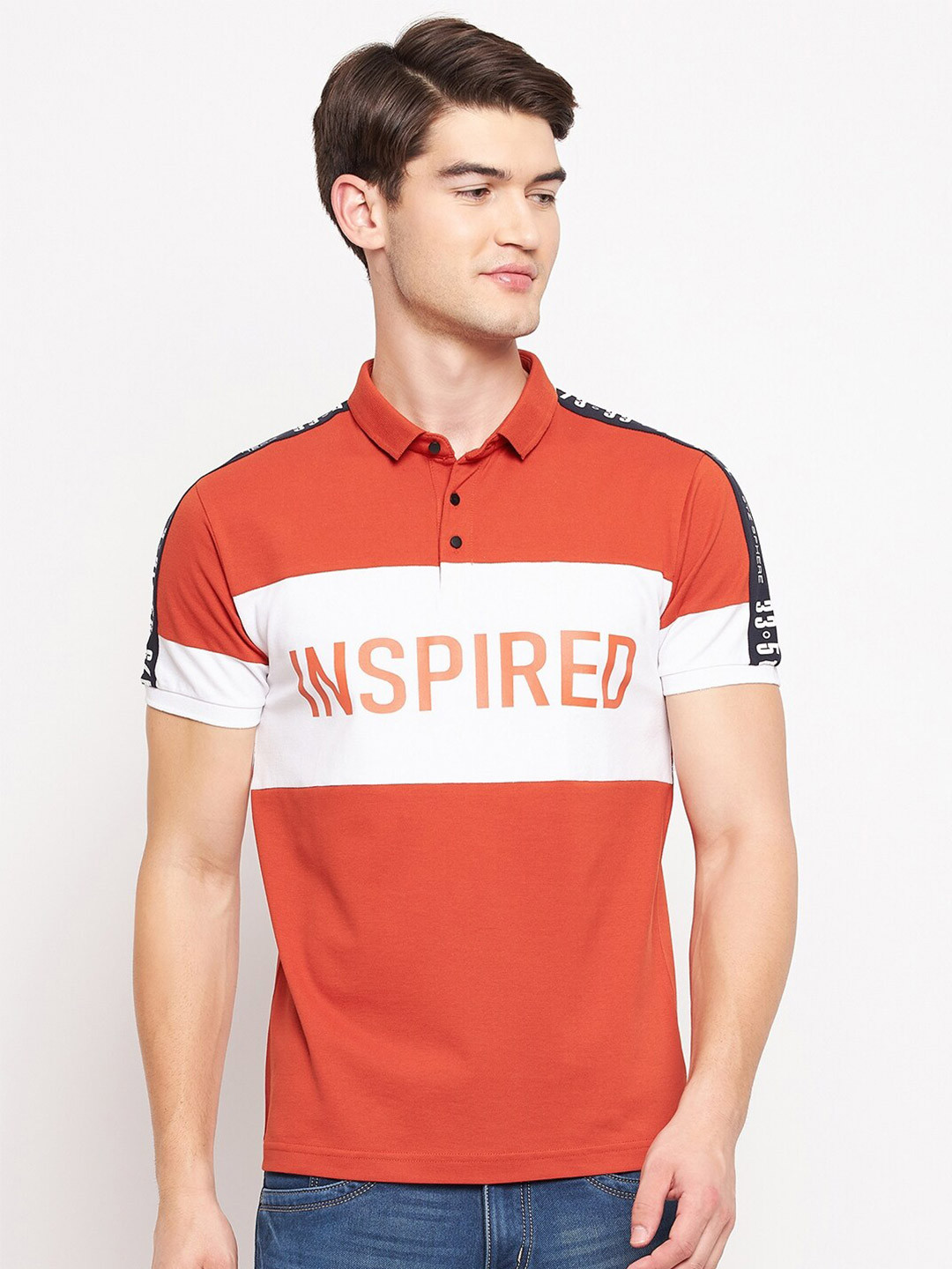 

QUBIC Men Rust & White Typography Colourblocked Polo Collar T-shirt