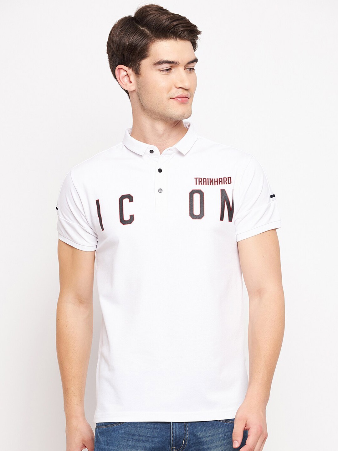 

QUBIC Men White Typography Printed Polo Collar T-shirt