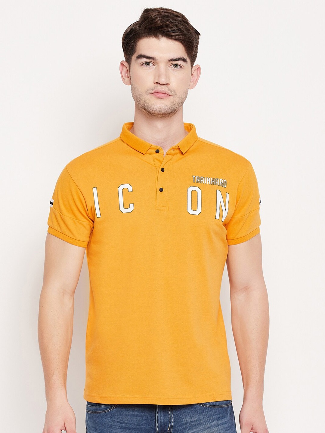 

QUBIC Men Mustard Yellow Typography Printed Polo Collar T-shirt