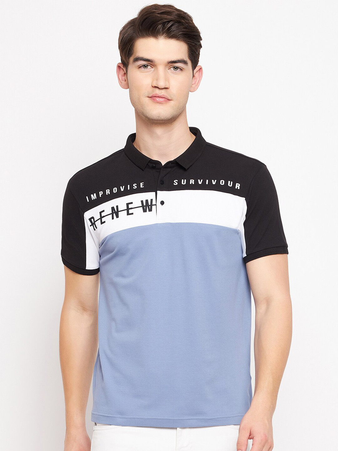

QUBIC Men Blue & White Colourblocked Polo Collar T-shirt