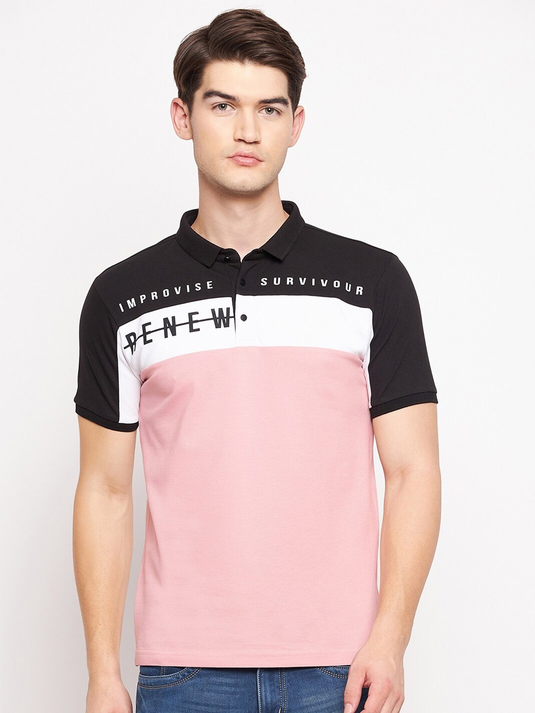 

QUBIC Men Pink & White Colourblocked Polo Collar T-shirt