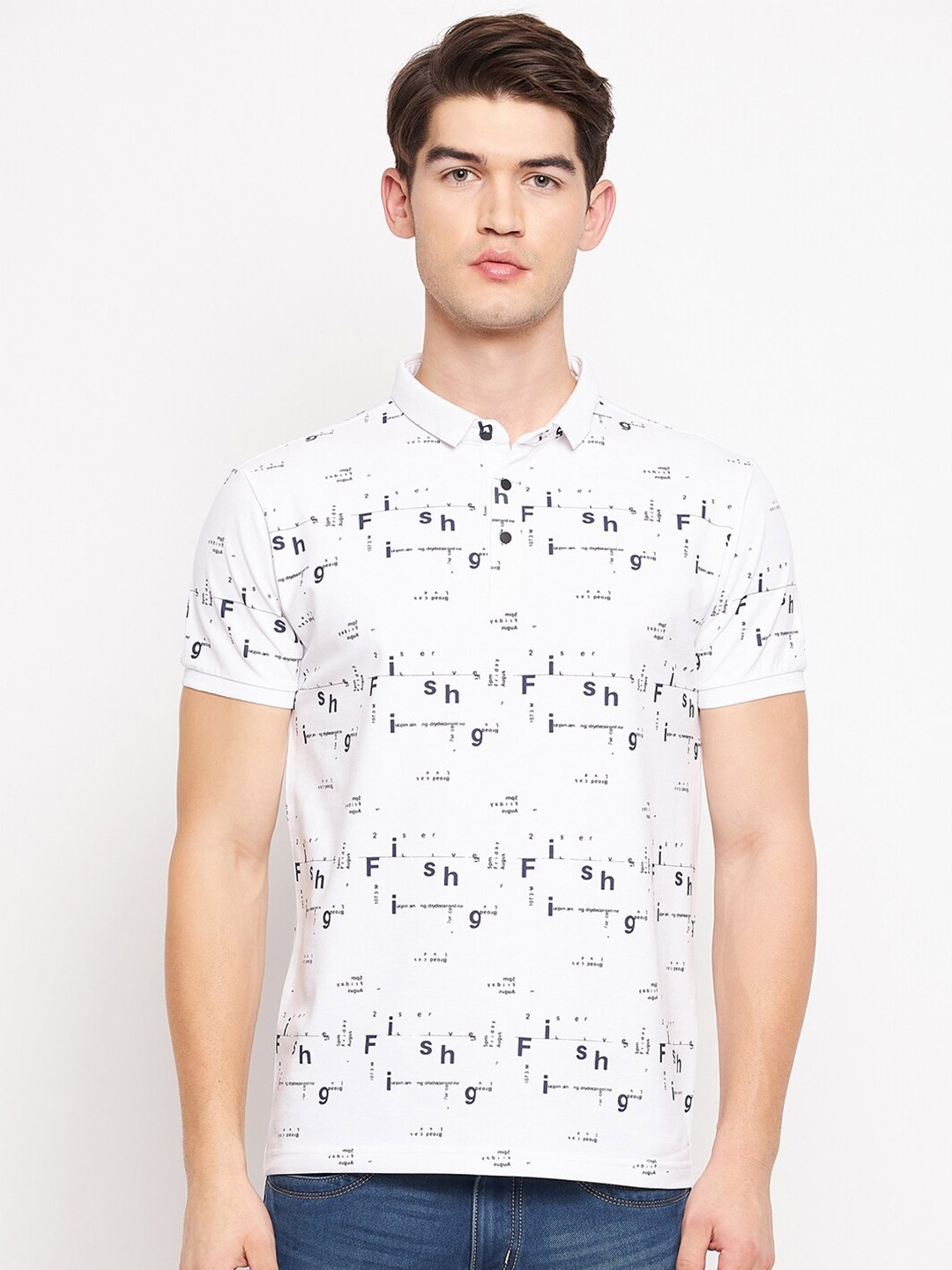 

QUBIC Men White Printed Polo Collar T-shirt