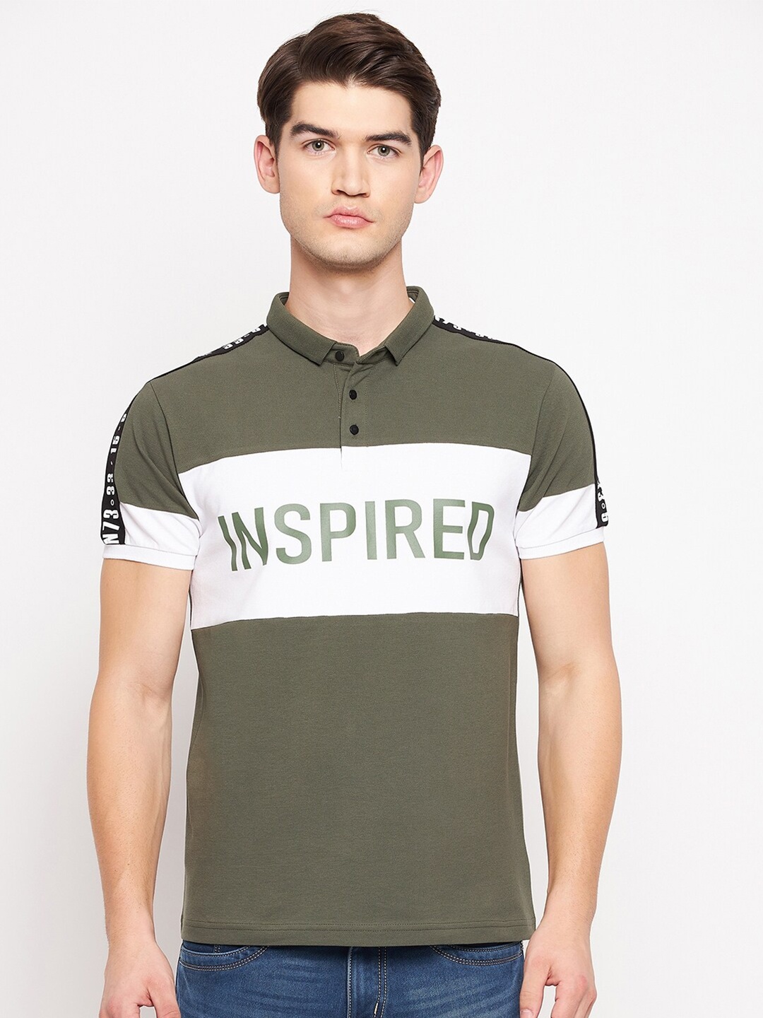 

QUBIC Men Olive Green & White Typography Printed Polo Collar T-shirt