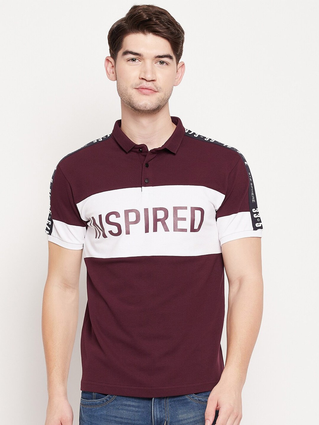 

QUBIC Men Maroon & White Typography Printed Polo Collar T-shirt