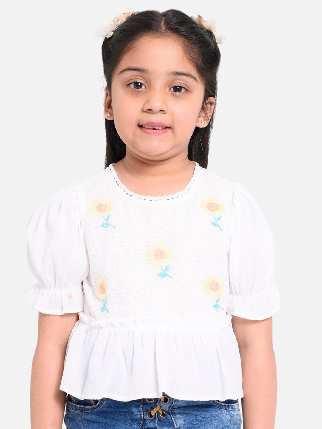 

Nauti Nati Girls White Floral Embroidered Peplum Top