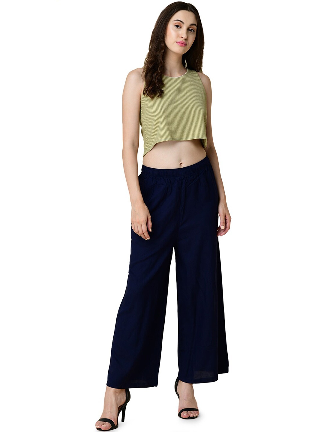 

NEWRIE Women Navy Blue Flared Cropped Palazzos