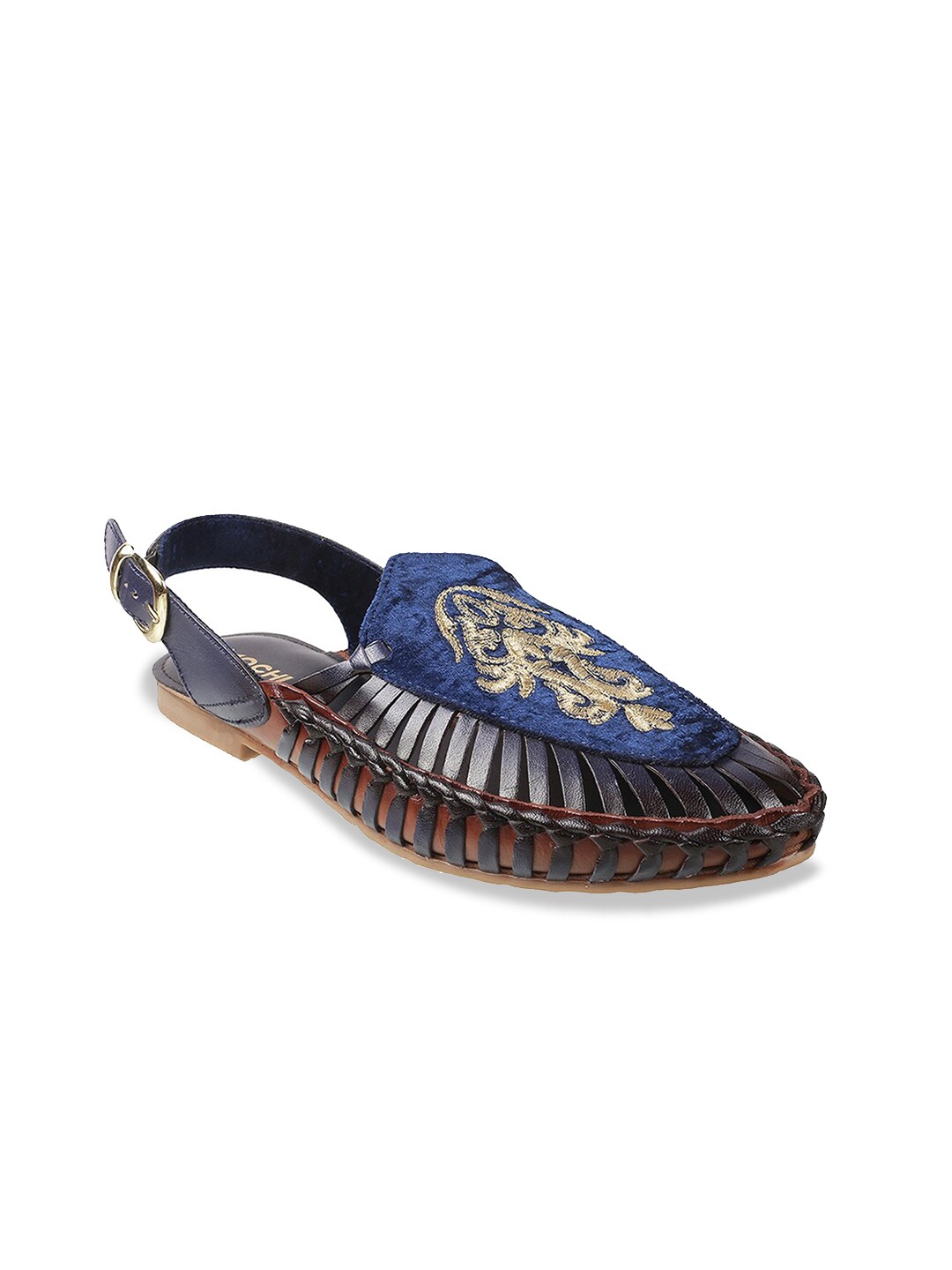 

Mochi Men Blue & Gold-Toned Ethnic Leather Comfort Sandals