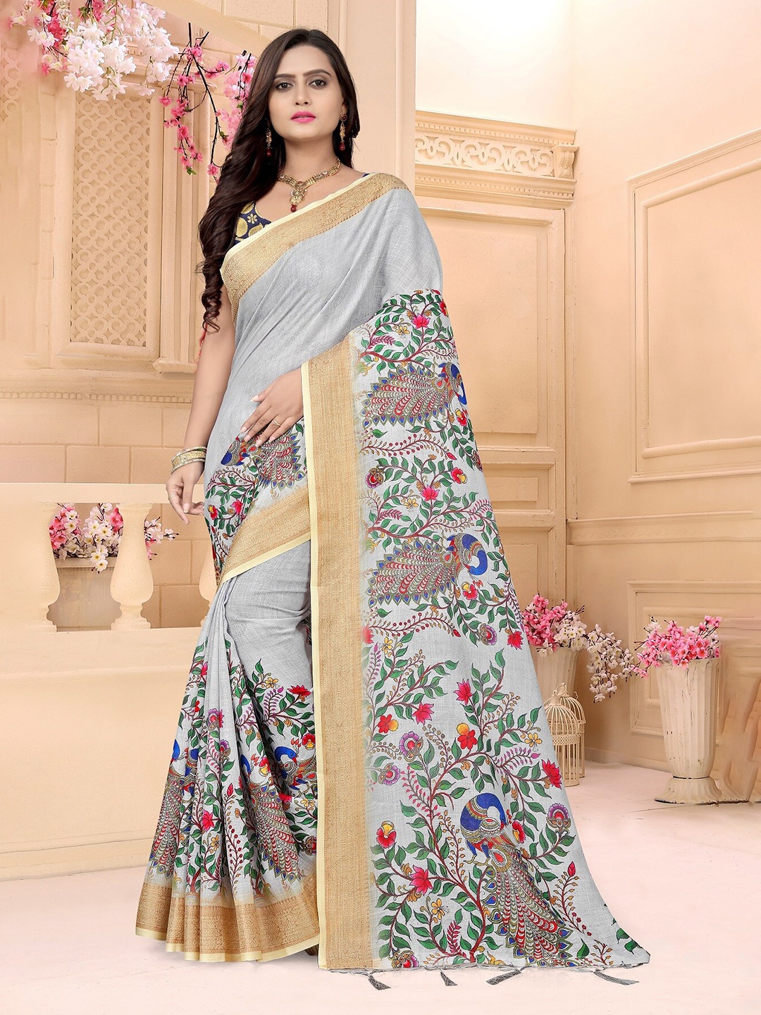 

KALINI Women Grey & Gold-Toned Floral Linen Blend Bagh Saree