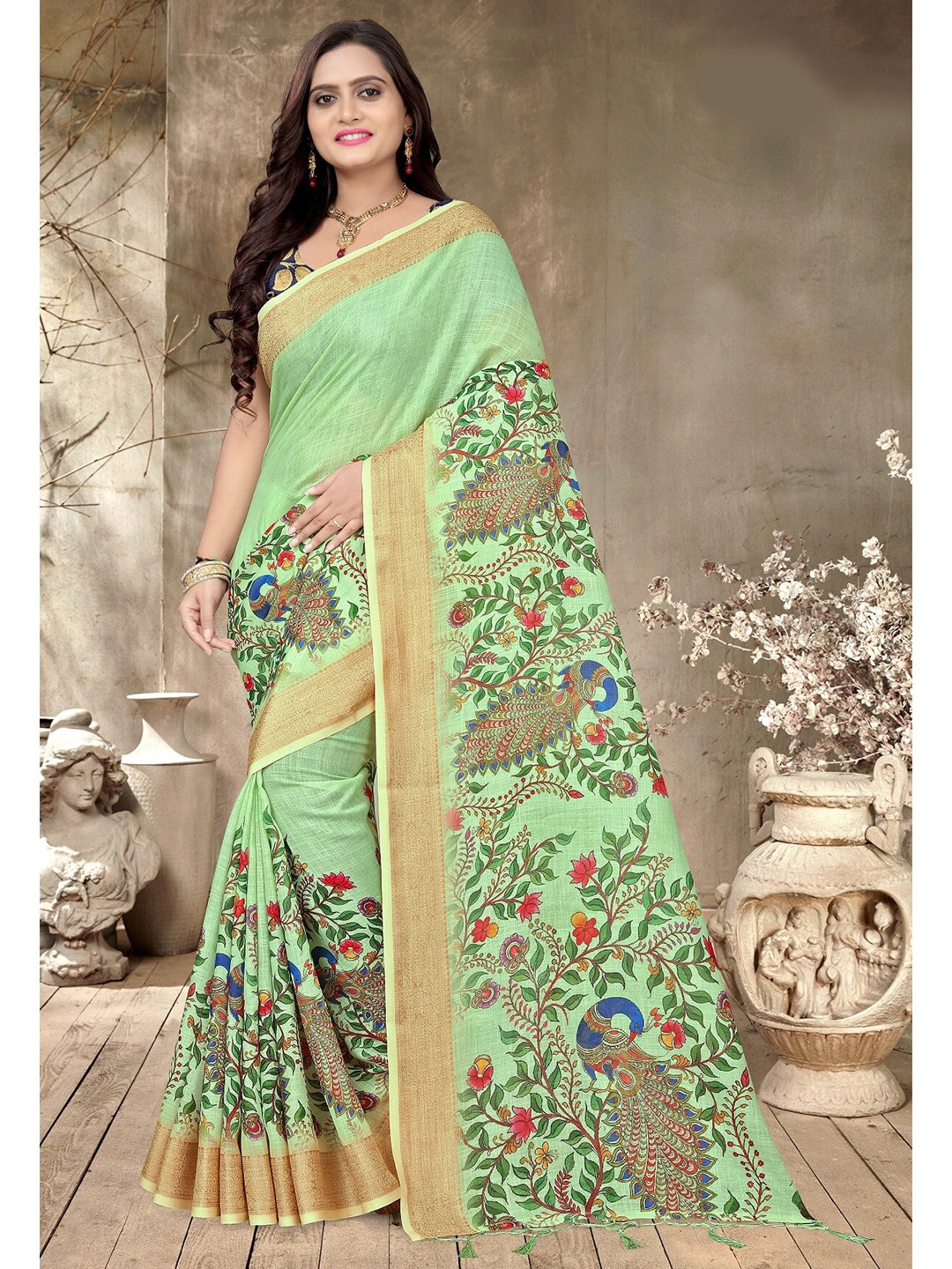 

KALINI Green Floral Linen Blend Bagh Saree