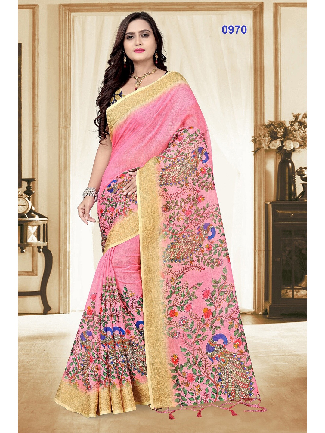 

KALINI Pink & Brown Floral Linen Blend Bagh Saree