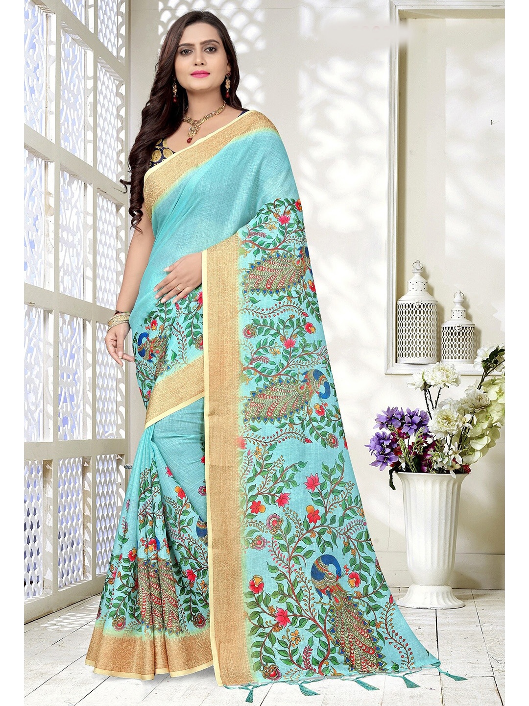 

KALINI Blue & Gold-Toned Floral Linen Blend Ready to Wear Bagh Saree