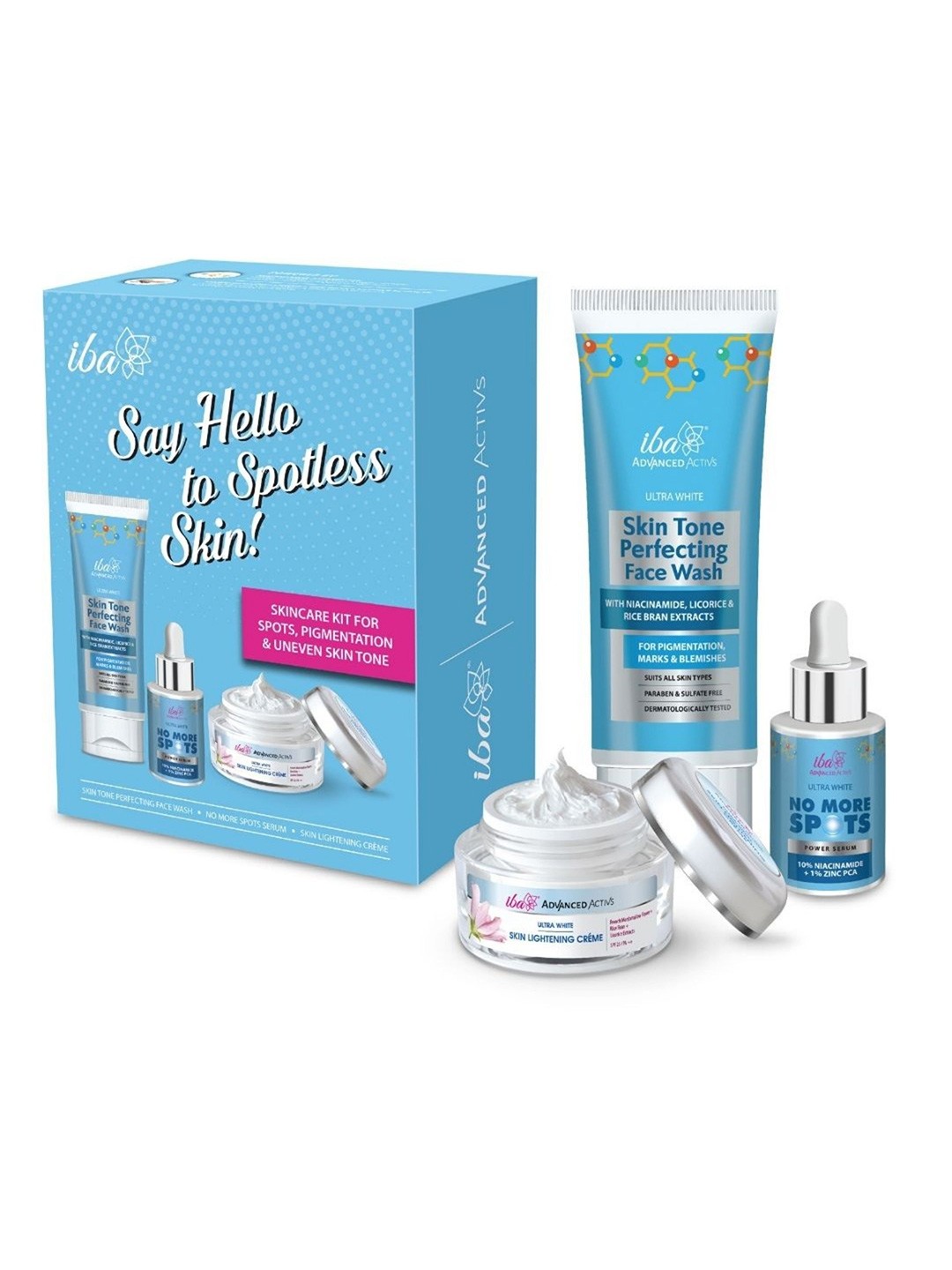 

Iba Say Hello to Spotless Skin Kit - Face Wash, Serum, Moisturizer with Niacinamide for Spots, Blue