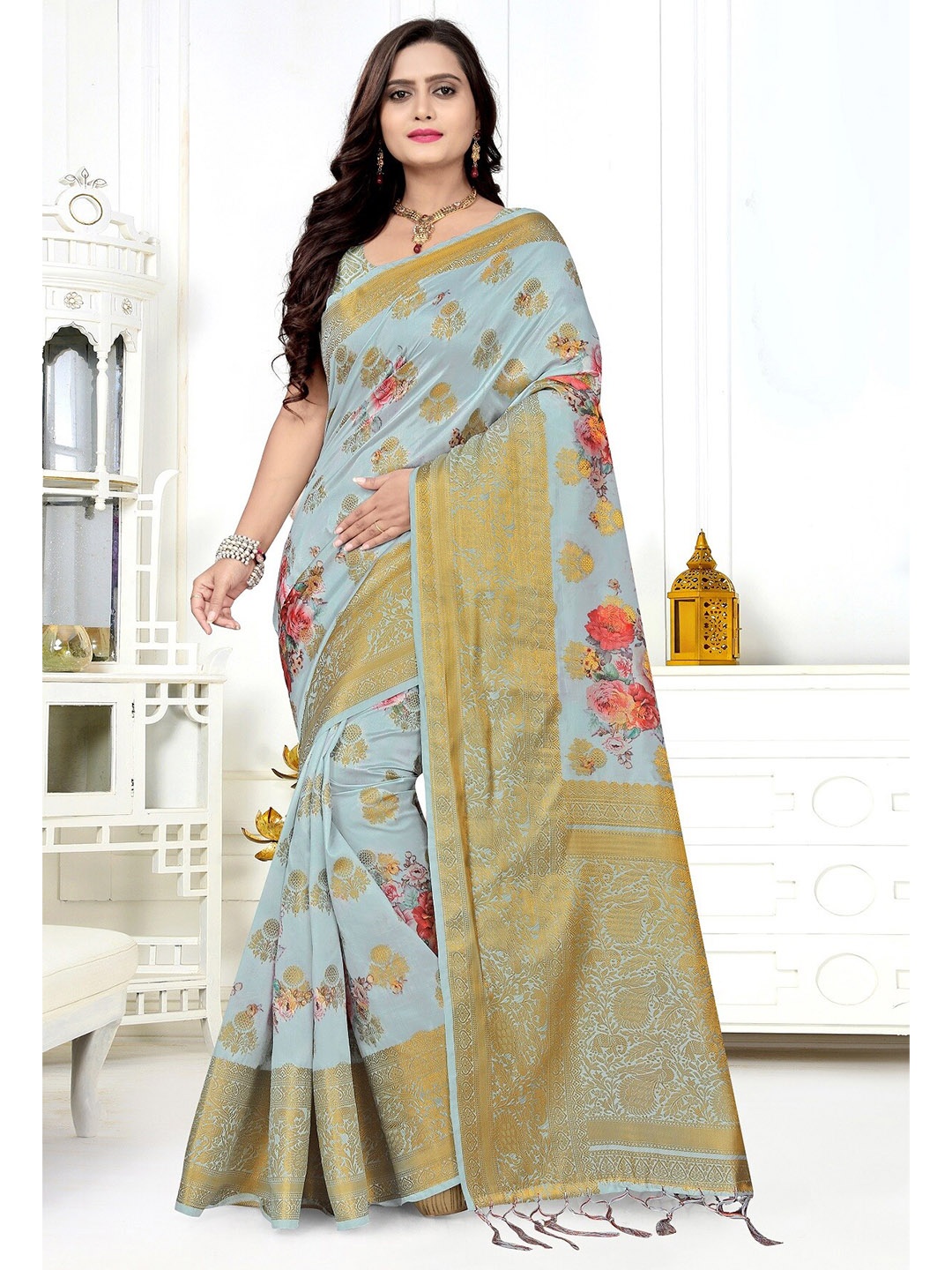 

KALINI Women Grey & Blue Floral Silk Blend Bagh Saree