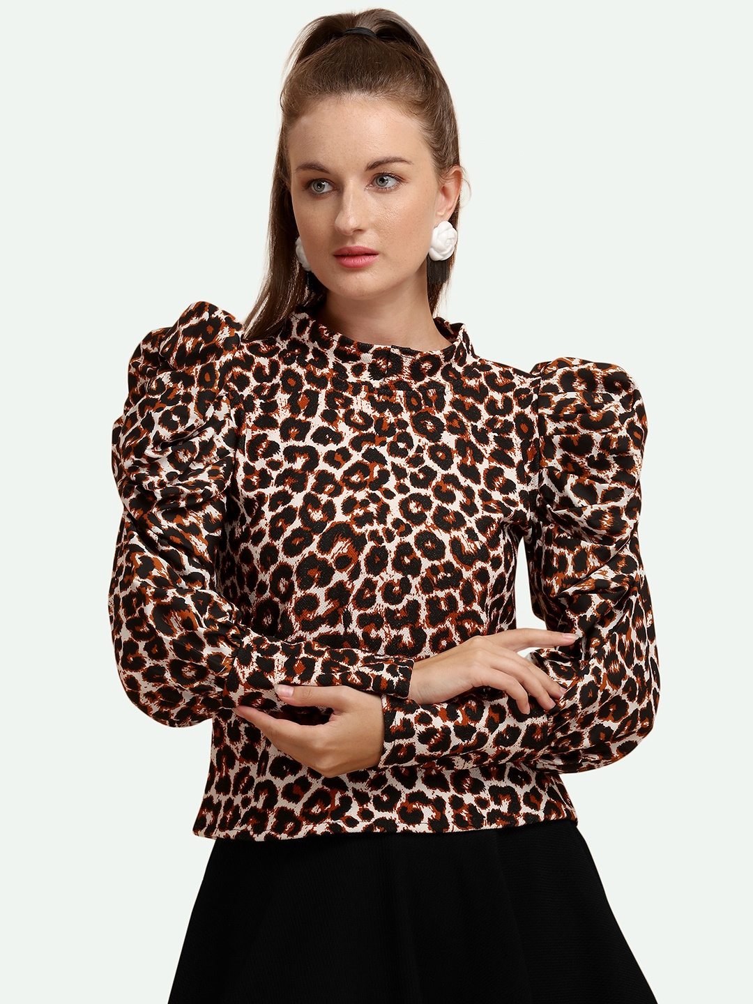 

Paralians Women Brown & Black Animal Print High Neck Top