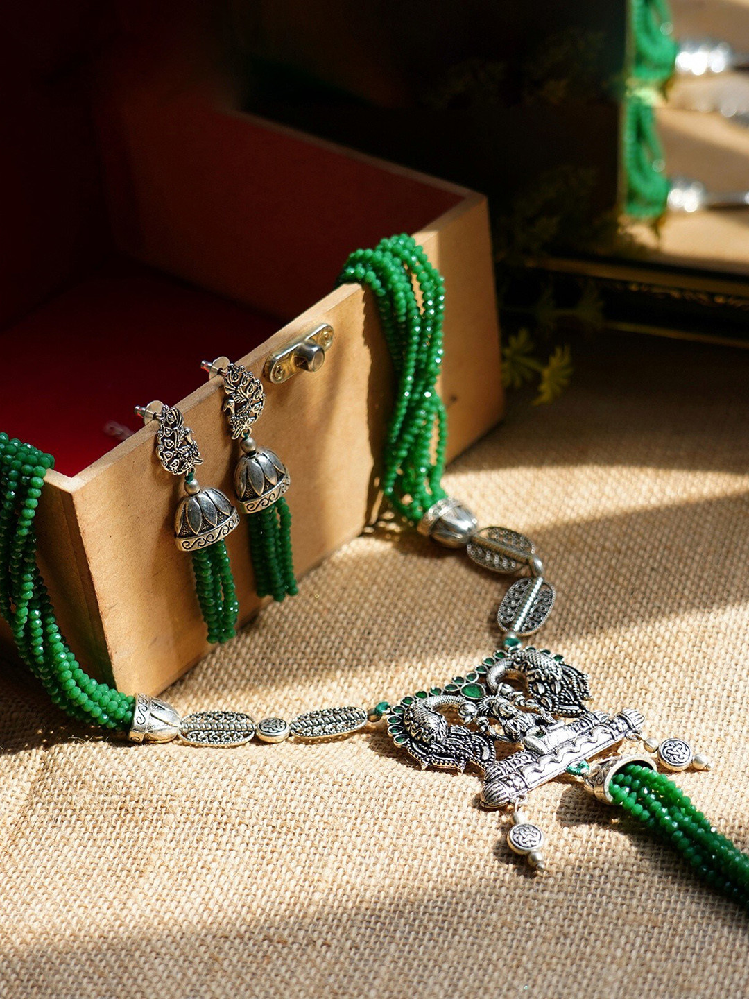 

FIROZA Silver-Plated & Green Onyx Stone Studded & Beaded Jewellery Set