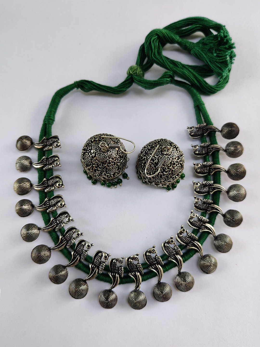 

FIROZA Oxidised Silver-Plated & Green Parrot Necklace Set