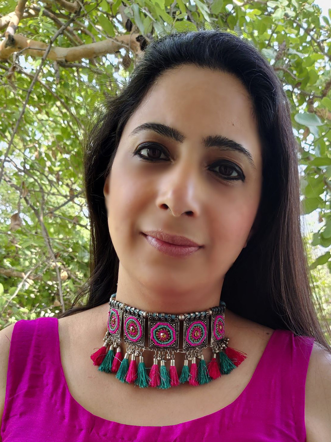 

FIROZA Turquoise Blue & Pink Brass Oxidised Necklace