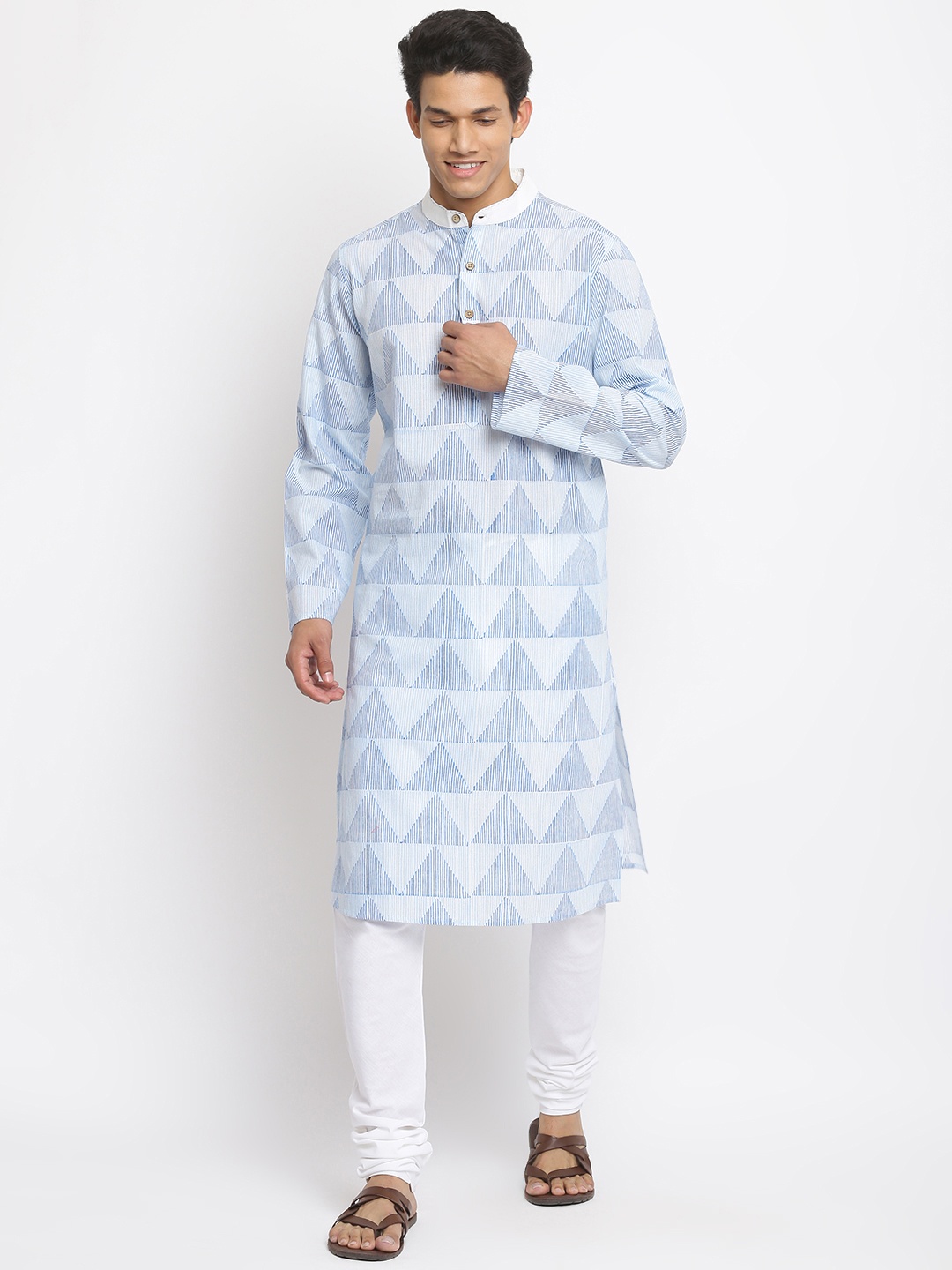 

Fabindia Men Blue & White Chevron Printed Pure Cotton Slim Fit Kurta