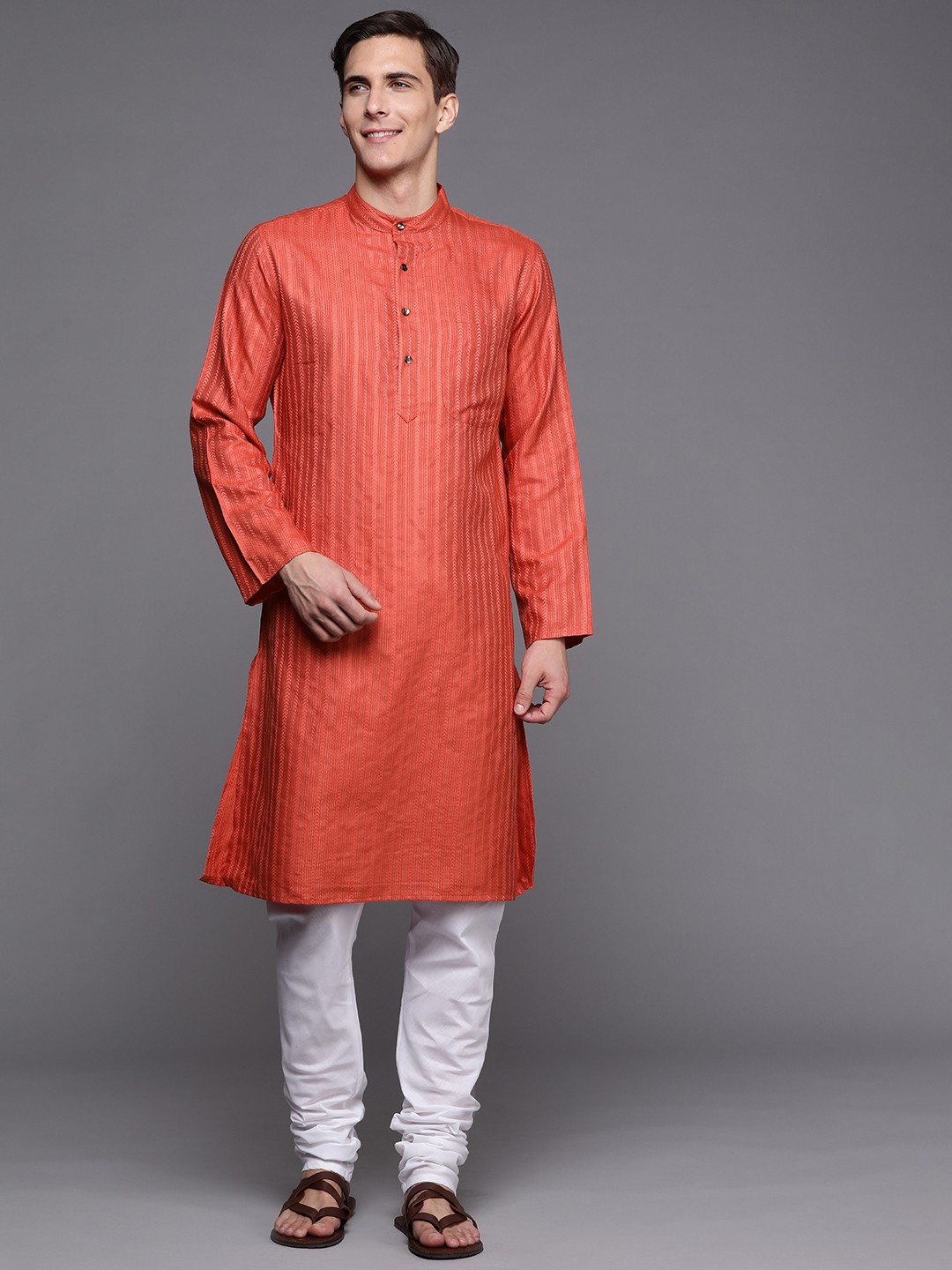 

Fabindia Men Coral Red Slim Fit Self-Striped Straight Kurta