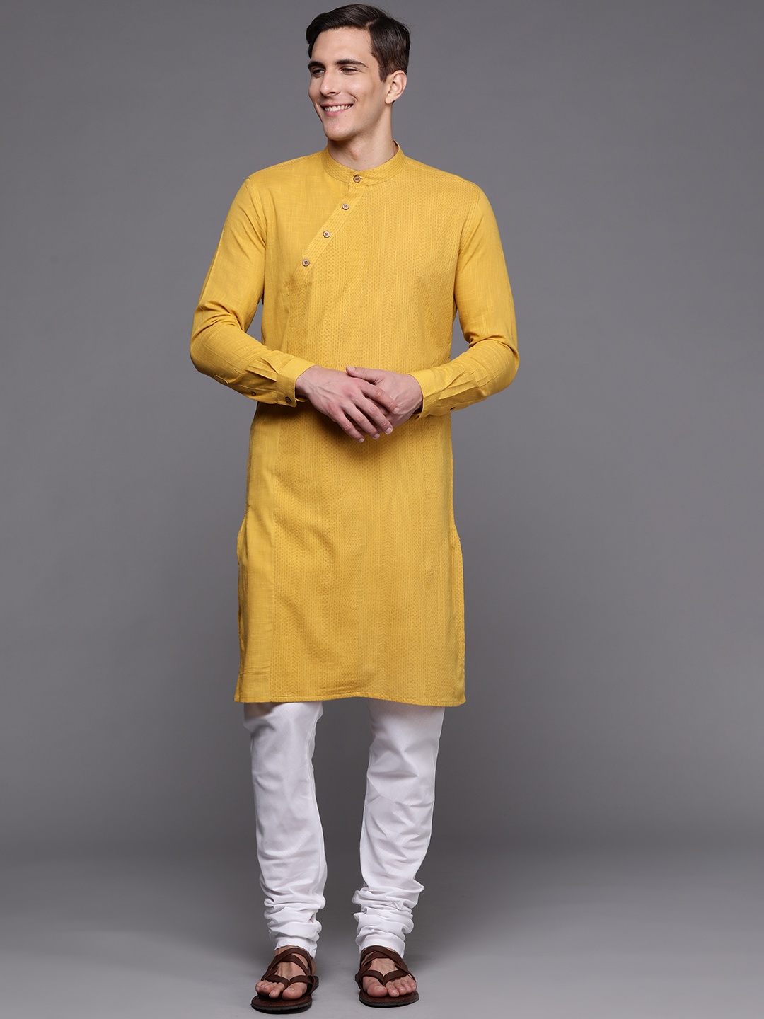 

Fabindia Men Yellow Handblock Print Pure Cotton Straight Kurta