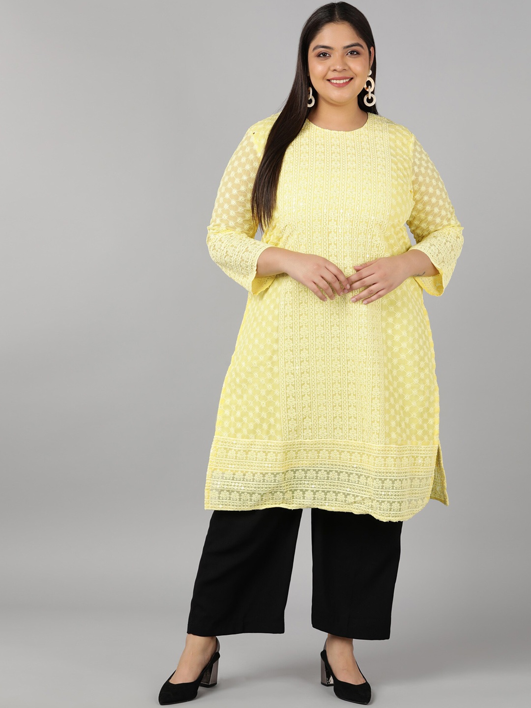 

SWAGG INDIA Women Yellow Ethnic Motifs Embroidered Chikankari Georgette Kurta