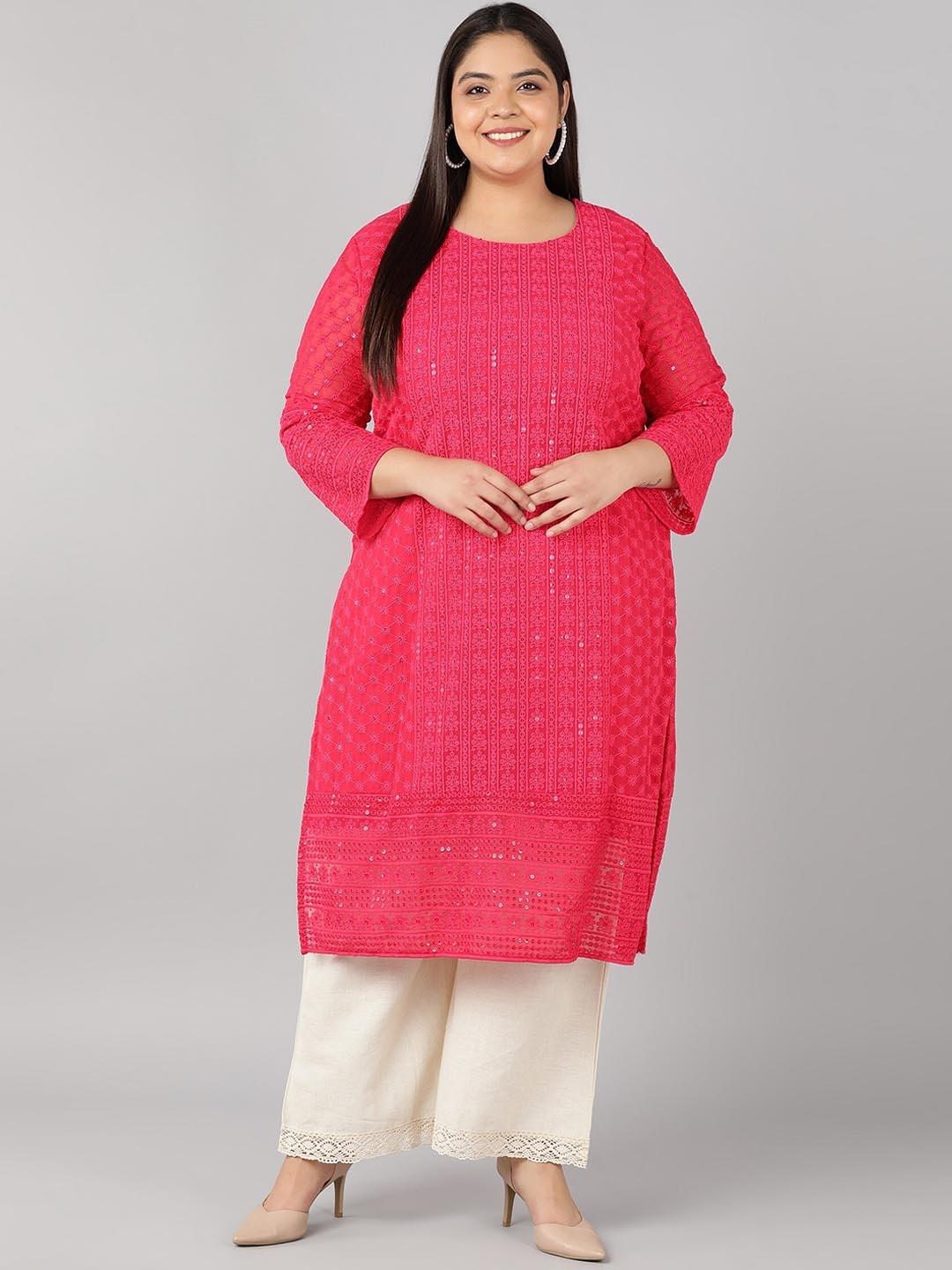 

SWAGG INDIA Plus Size Women Fuchsia Ethnic Motifs Embroidered Georgette Kurta