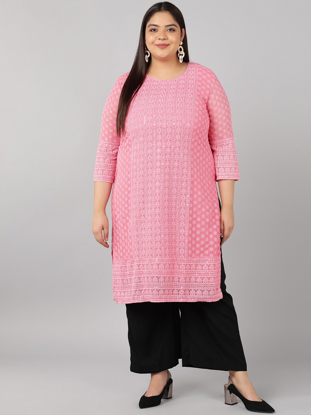 

SWAGG INDIA Women Pink Geometric Striped Flared Sleeves Thread Work Georgette Kurta