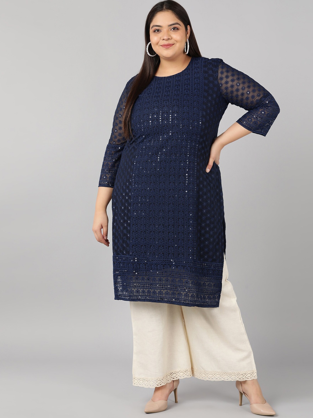 SWAGG INDIA Women Navy Blue Floral Embroidered Chikankari Georgette Kurta