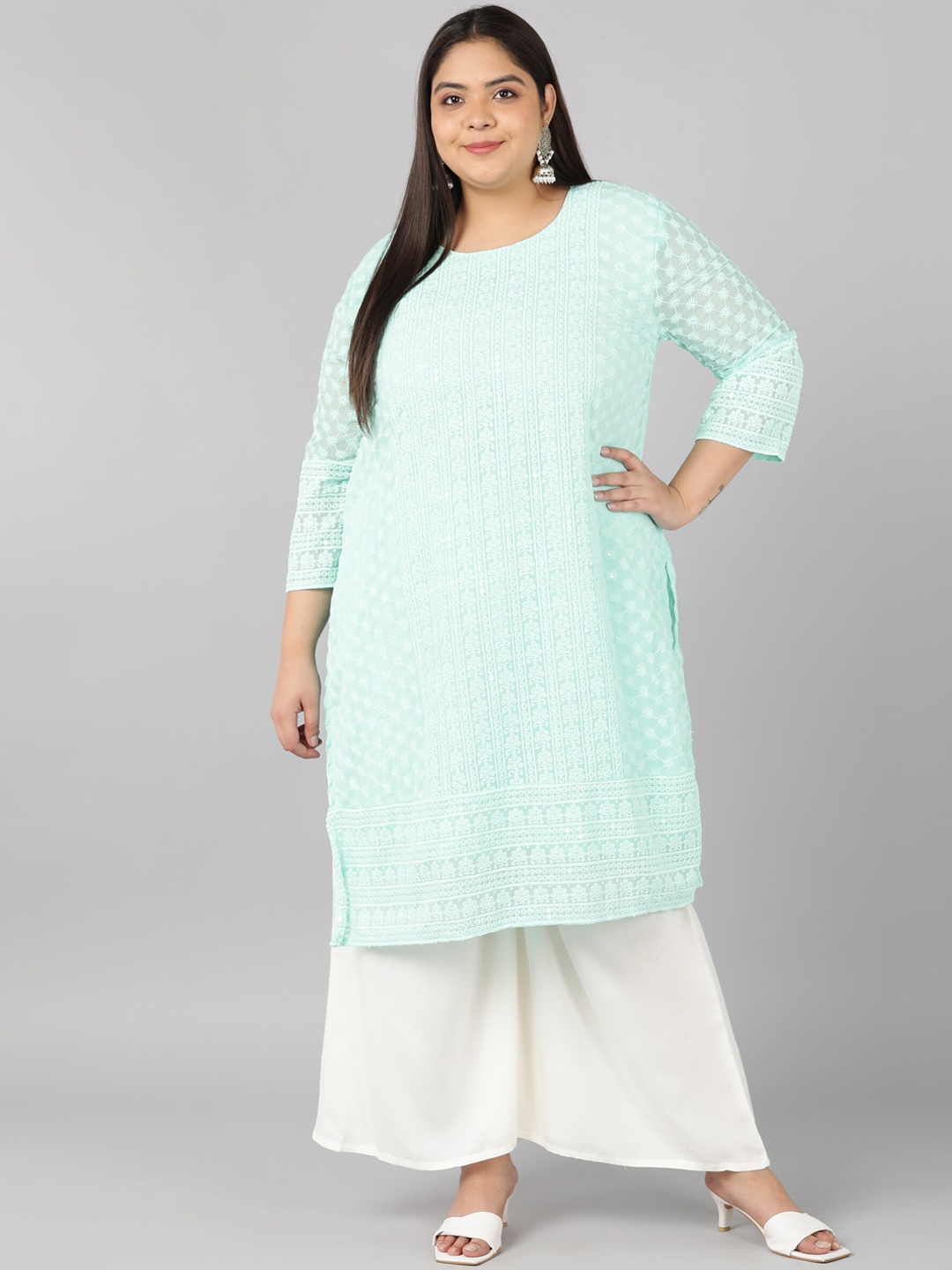 

SWAGG INDIA Women Blue Geometric Embroidered Chikankari Georgette Kurta