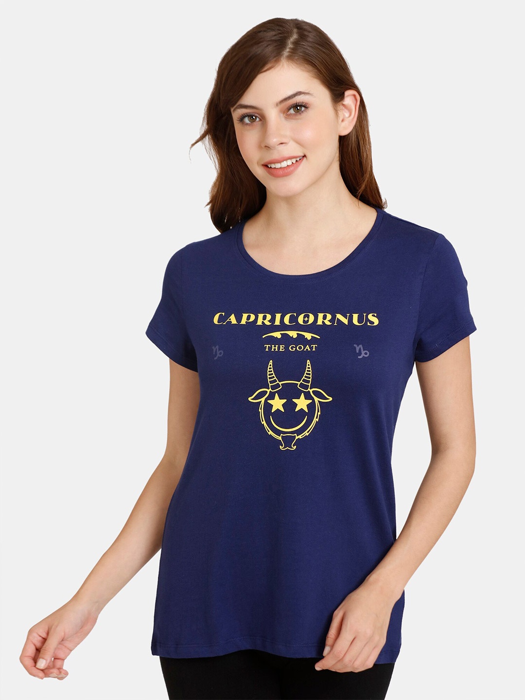 

Rosaline by Zivame Women Blue & Yellow Typography Printed T-shirt