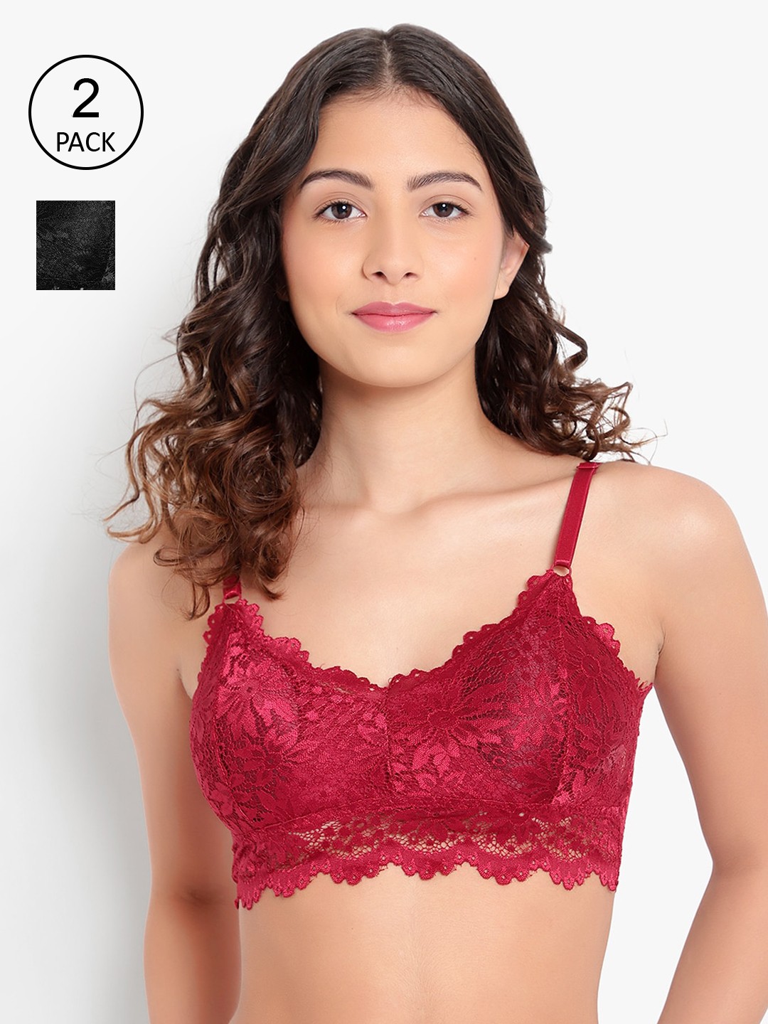

PARKHA Pack Of 2 Black & Red Floral Bralette Lace Bra