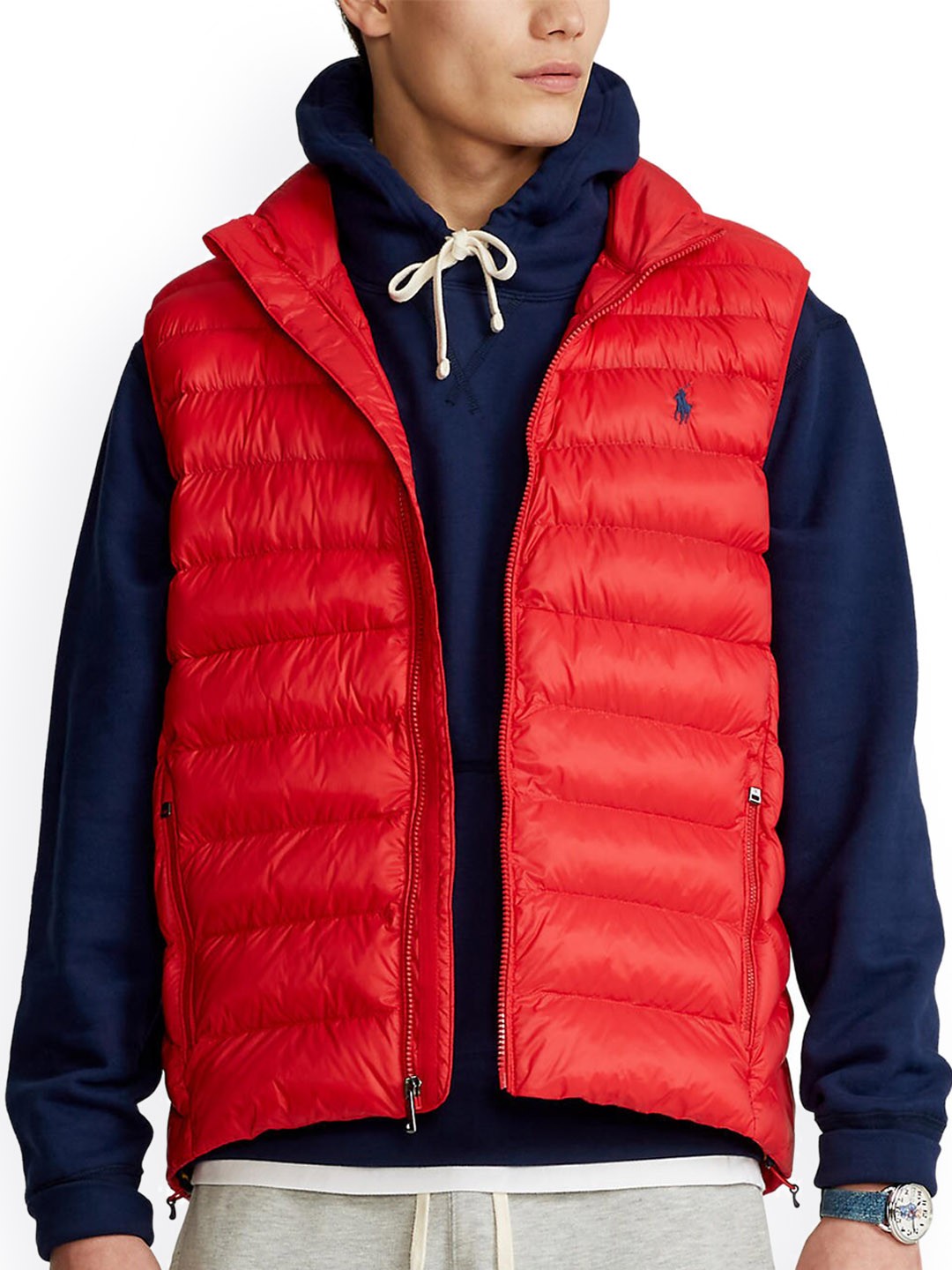 

Polo Ralph Lauren Men Red Striped Lightweight Longline Packable Quilted Padded Jacket Vest