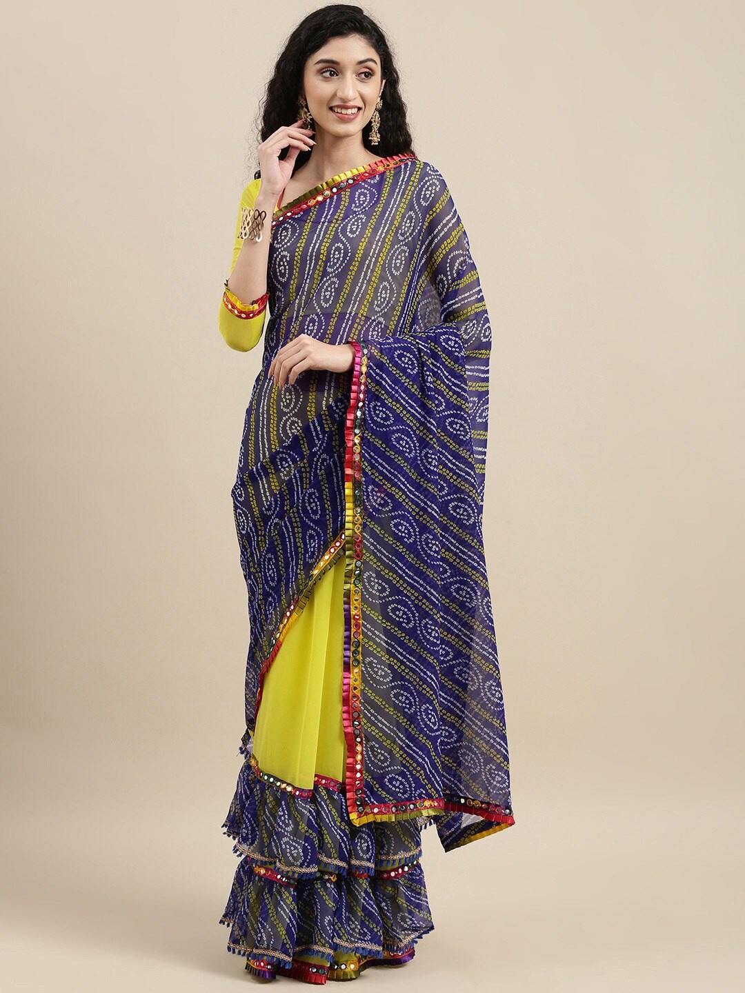 

KALINI Yellow & Blue Bandhani Mirror Work Bandhani Saree