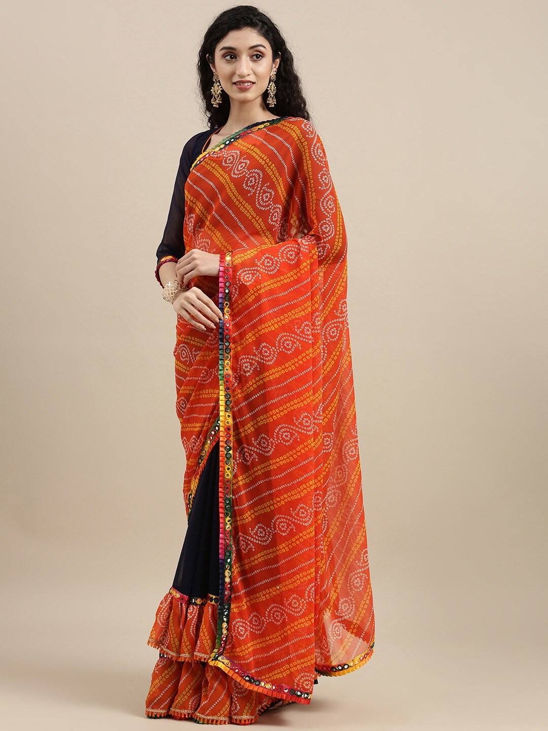 

KALINI Black & Red Bandhani Mirror Work Bandhani Saree
