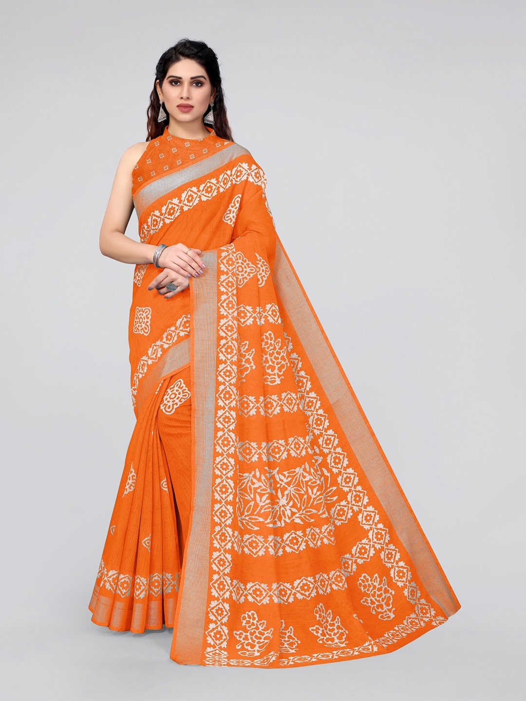 

MIRCHI FASHION Orange & White Batik Embroidered Block Print Saree