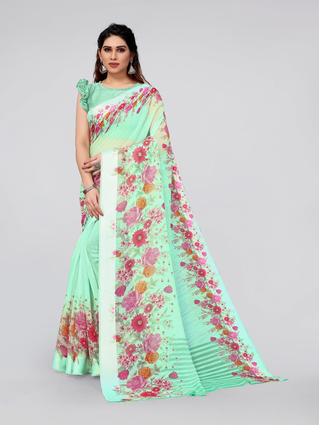 

MIRCHI FASHION Green & Pink Floral Saree