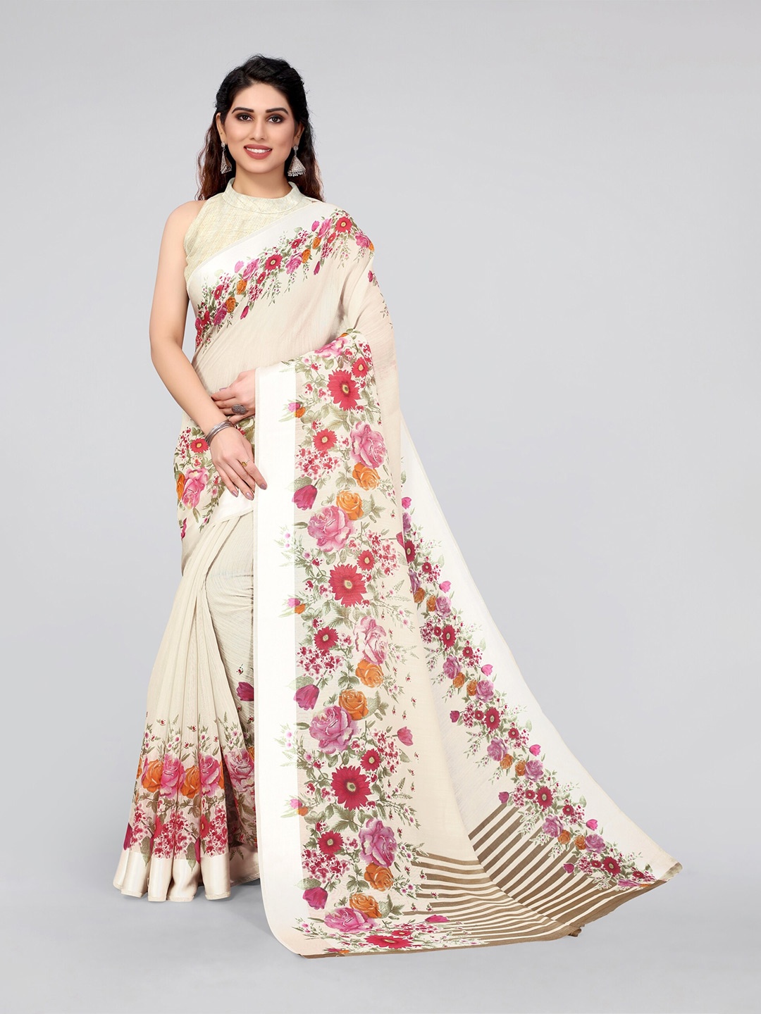 

MIRCHI FASHION Beige & Red Floral Printed Cotton Blend Saree
