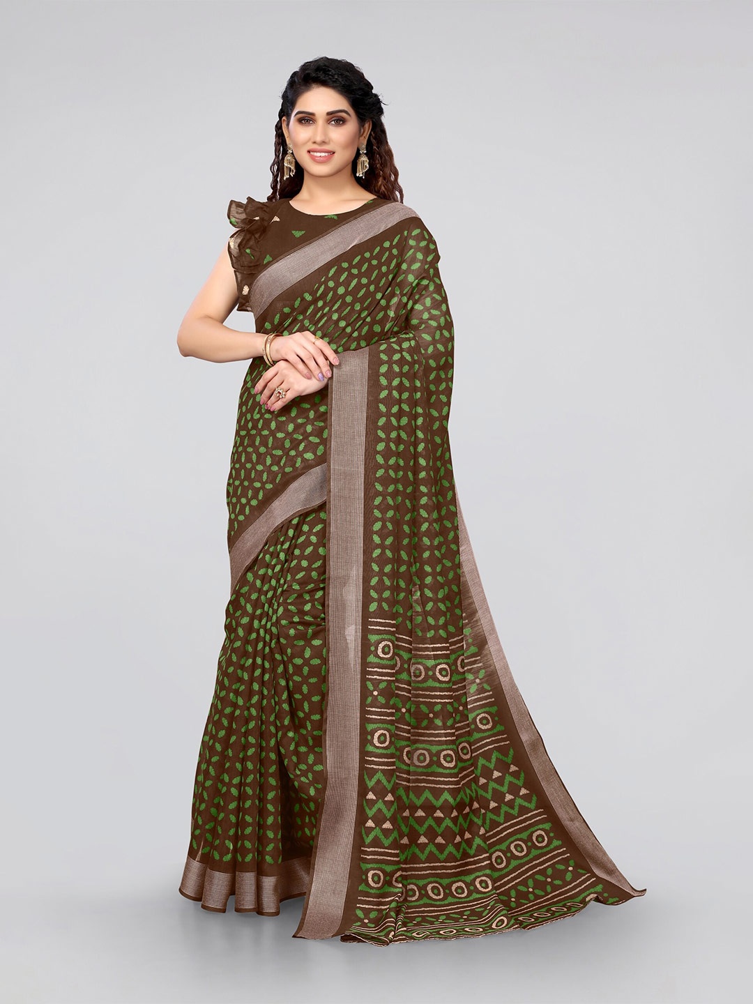 

MIRCHI FASHION Brown & Green Printed Saree