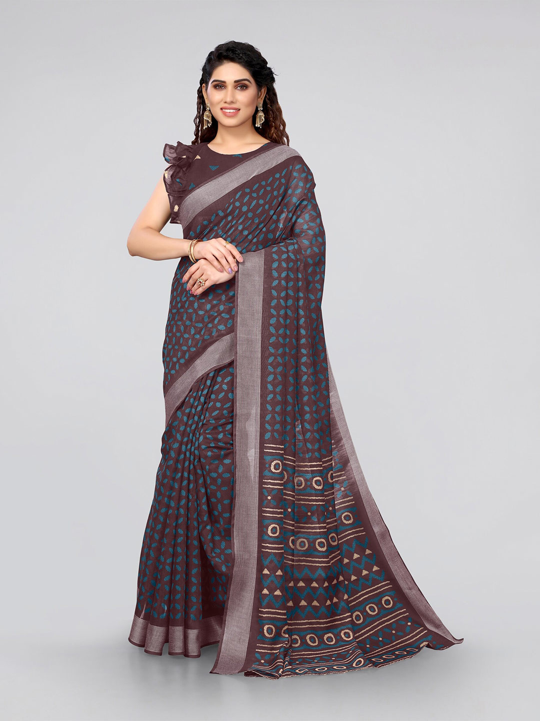 

MIRCHI FASHION Coffee Brown & Blue Embroidered Block Print Saree