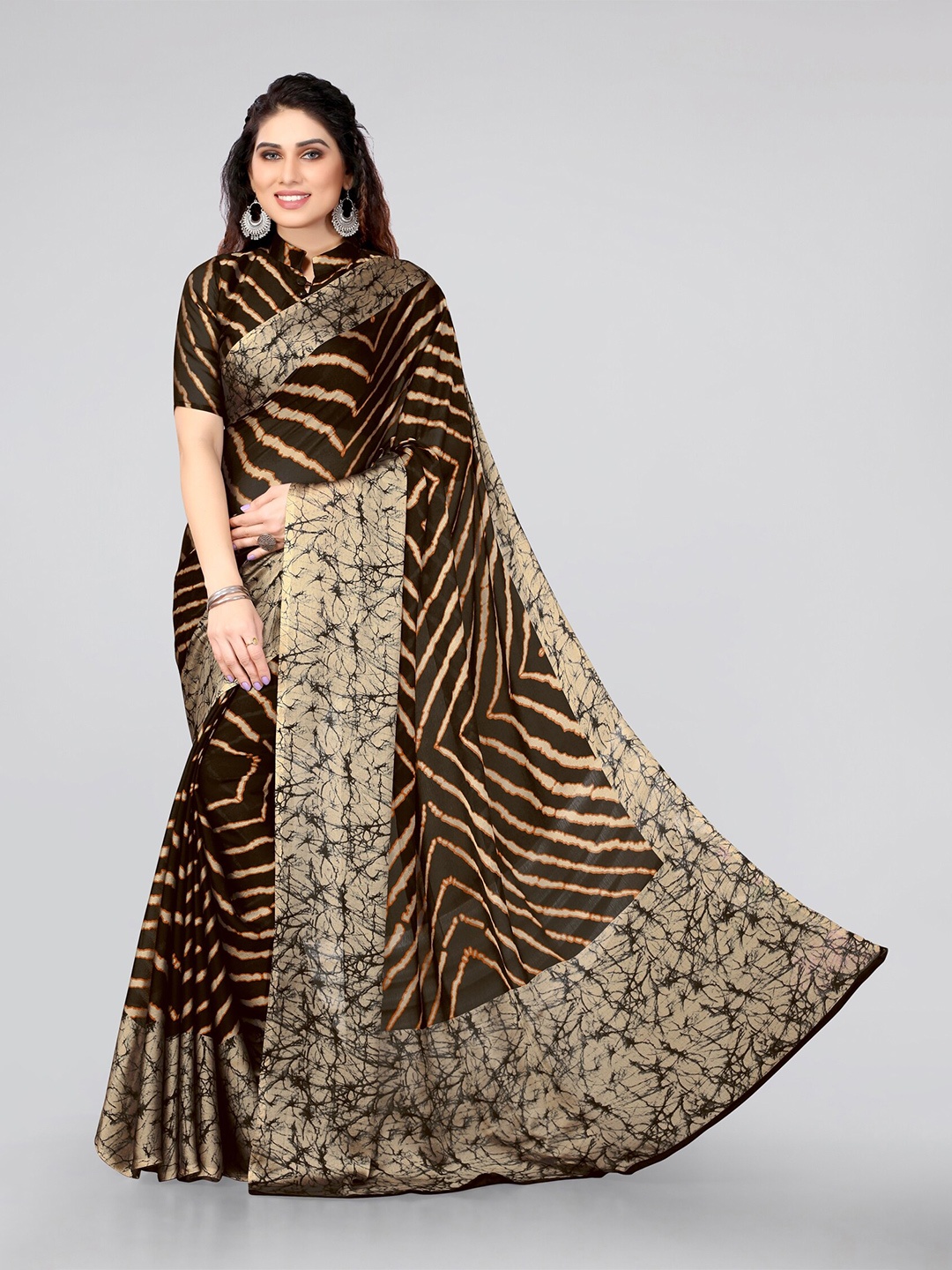 

KALINI Brown & Cream-Coloured Leheriya Saree