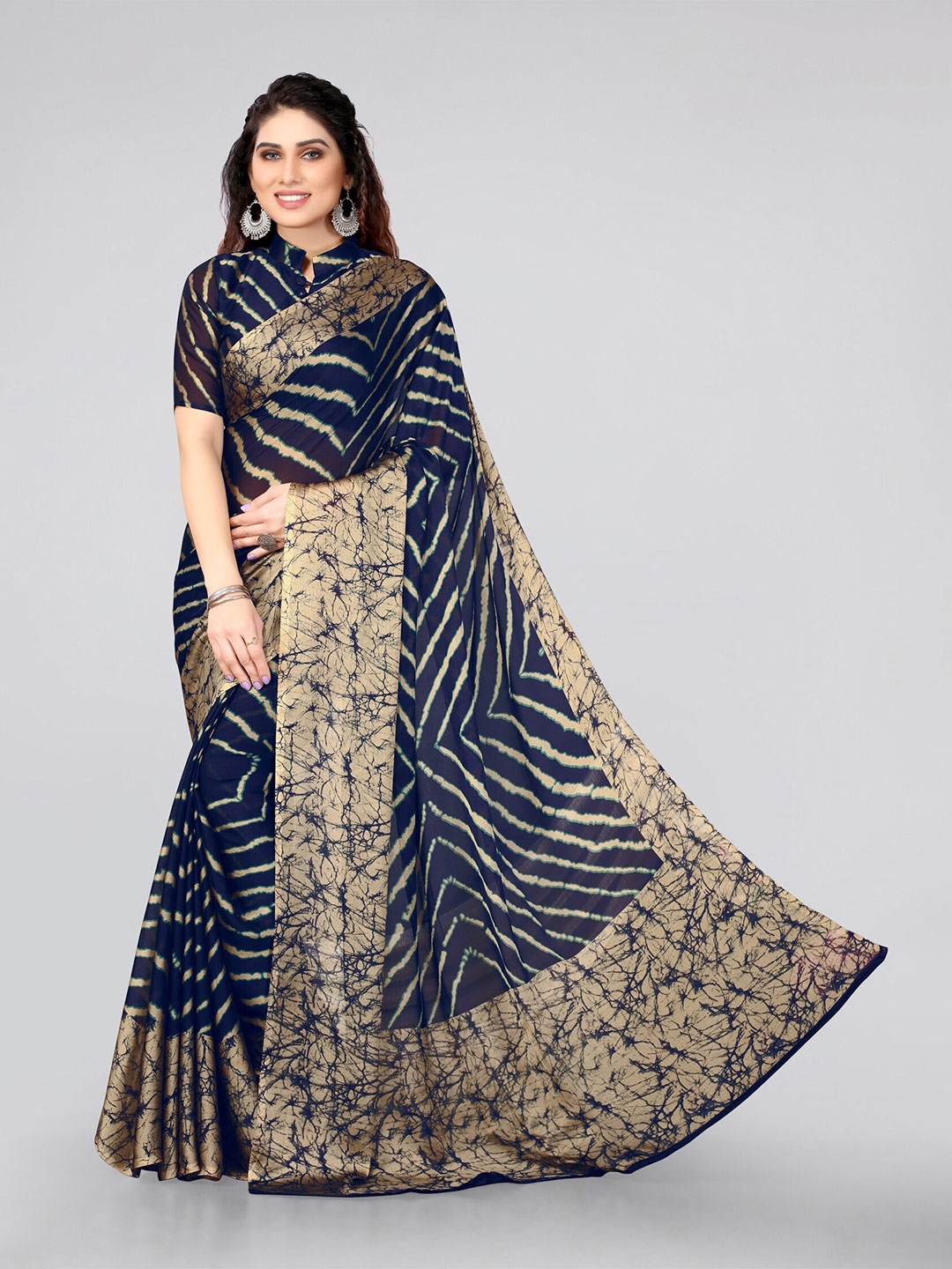 

MIRCHI FASHION Navy Blue & Beige Leheriya Saree