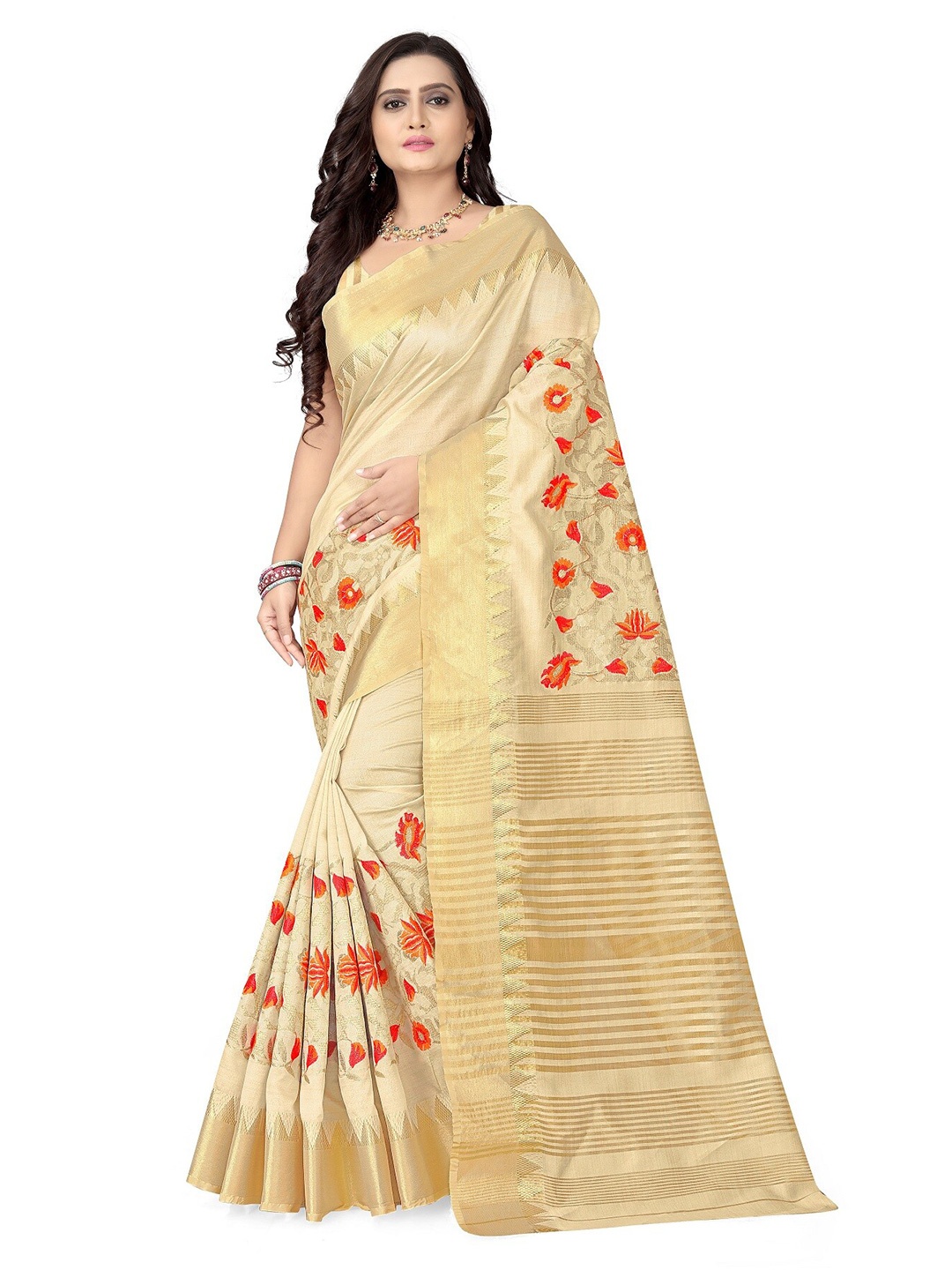 

KALINI Women Cream-Coloured & Rose Gold Floral Embroidered Silk Cotton Bagh Saree