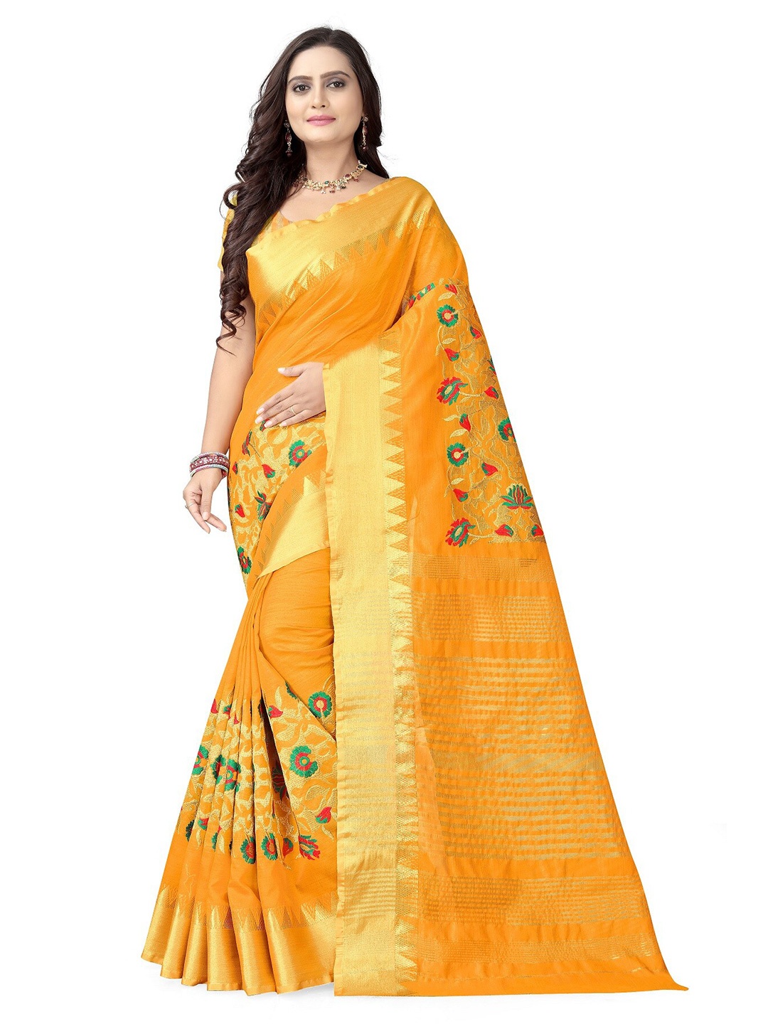 

KALINI Yellow & Red Floral Embroidered Silk Cotton Bagh Saree