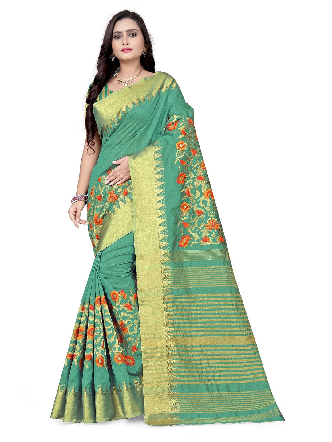 

KALINI Turquoise Blue & Red Floral Embroidered Silk Cotton Bagh Saree