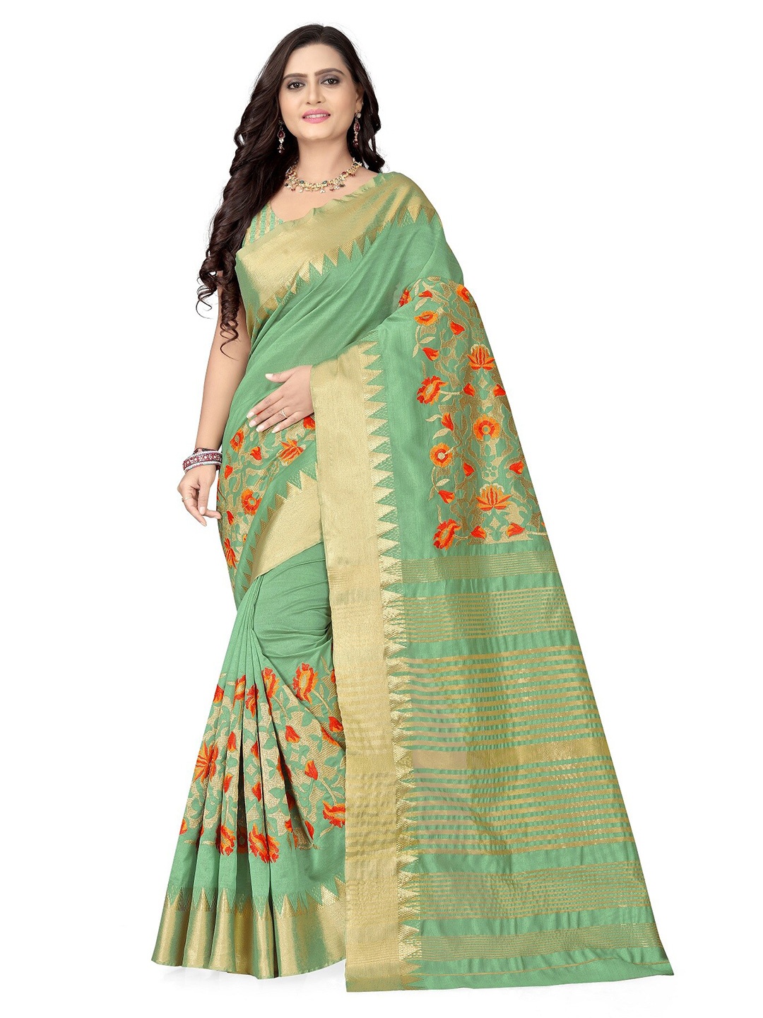 

KALINI Green & Red Floral Zari Silk Cotton Bagh Saree